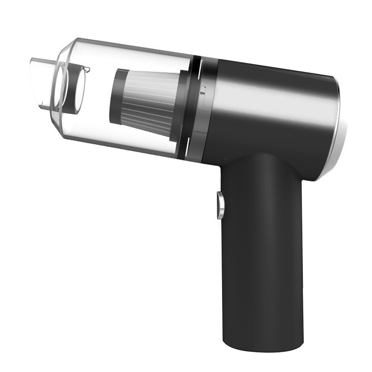 Ein handlicher Staubsauger. Er hat eine transparente Front, einen schwarzen Körper und einen silbernen Knopf. Der Filter ist im transparenten Teil sichtbar.