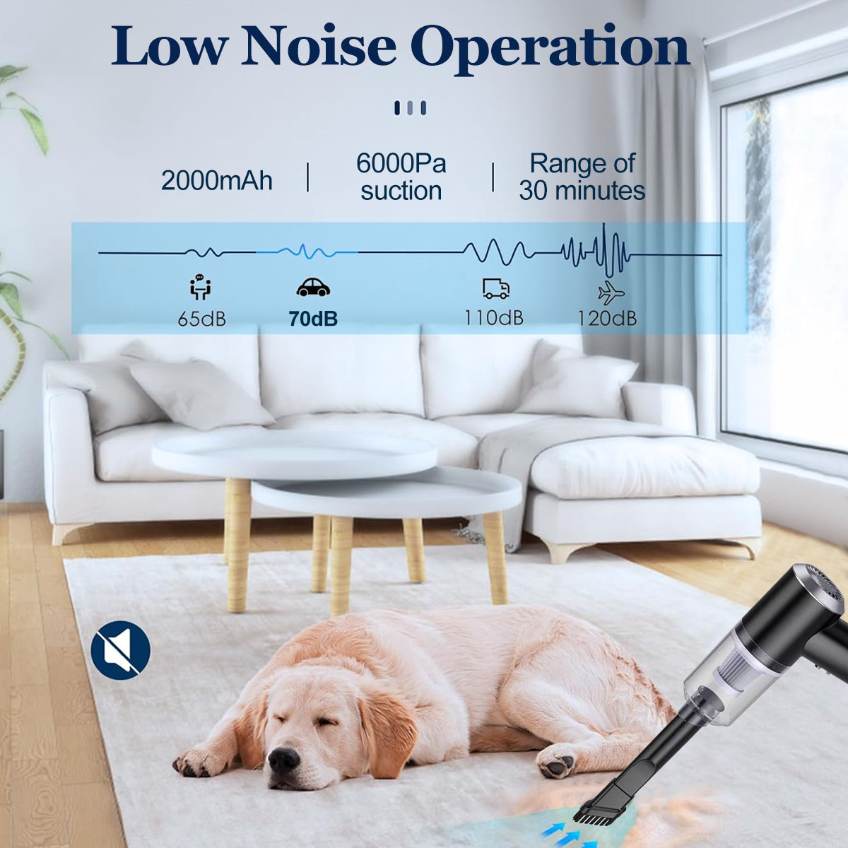 Ein Golden Retriever liegt auf einem Teppich. Ein Staubsauger ist in Gebrauch. Das Bild zeigt Geräuschpegel und Betriebsdetails.