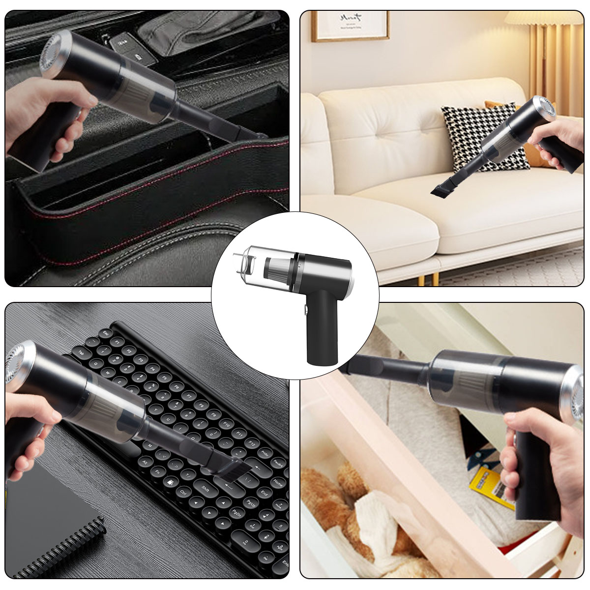 Ein Handstaubsauger wird im Auto, auf einer Tastatur, einem Sofa und einer Schublade verwendet. Er ist schwarz und silber.