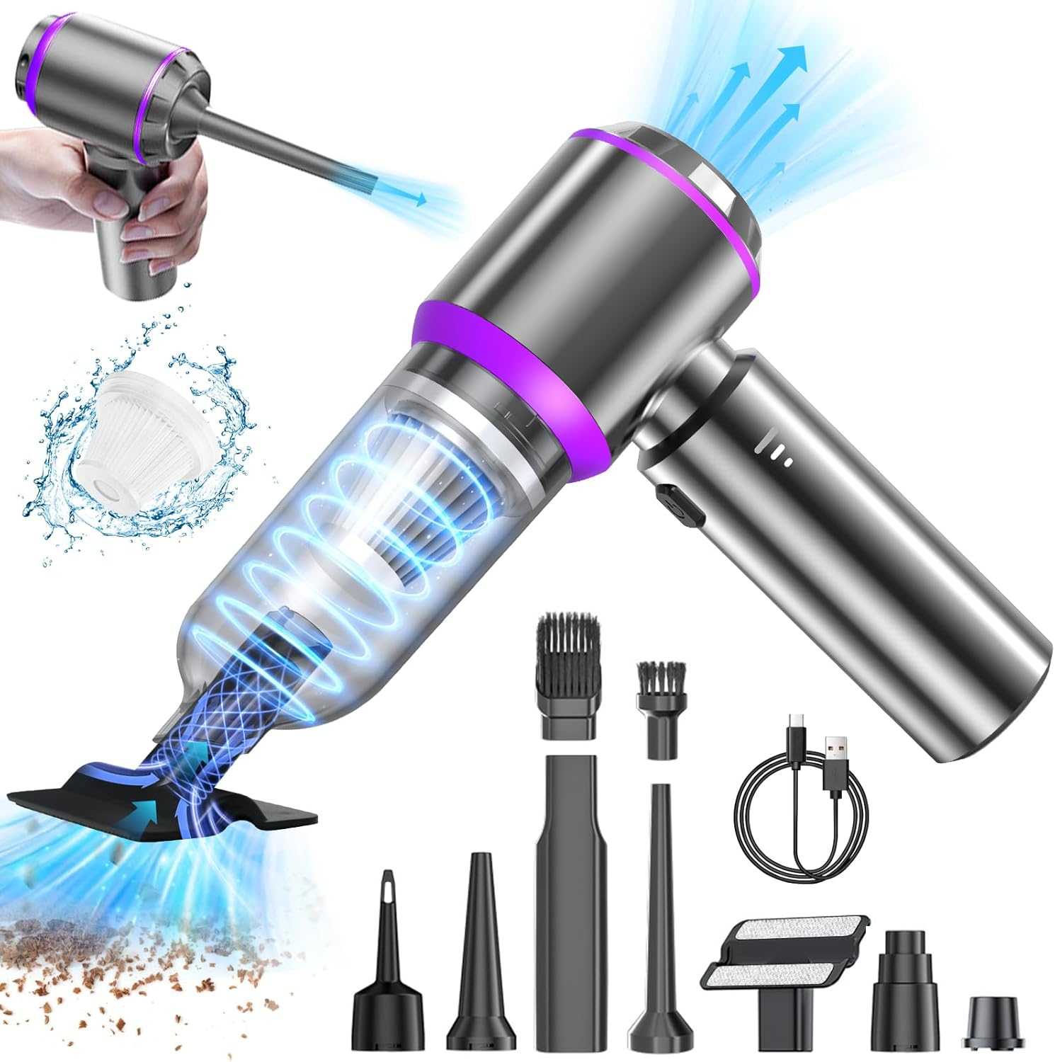 Ein Handstaubsauger mit Aufsätzen. Der Staubsauger ist silber und lila, mit blauen Luftstromlinien. Zubehör und ein USB-Kabel sind enthalten.