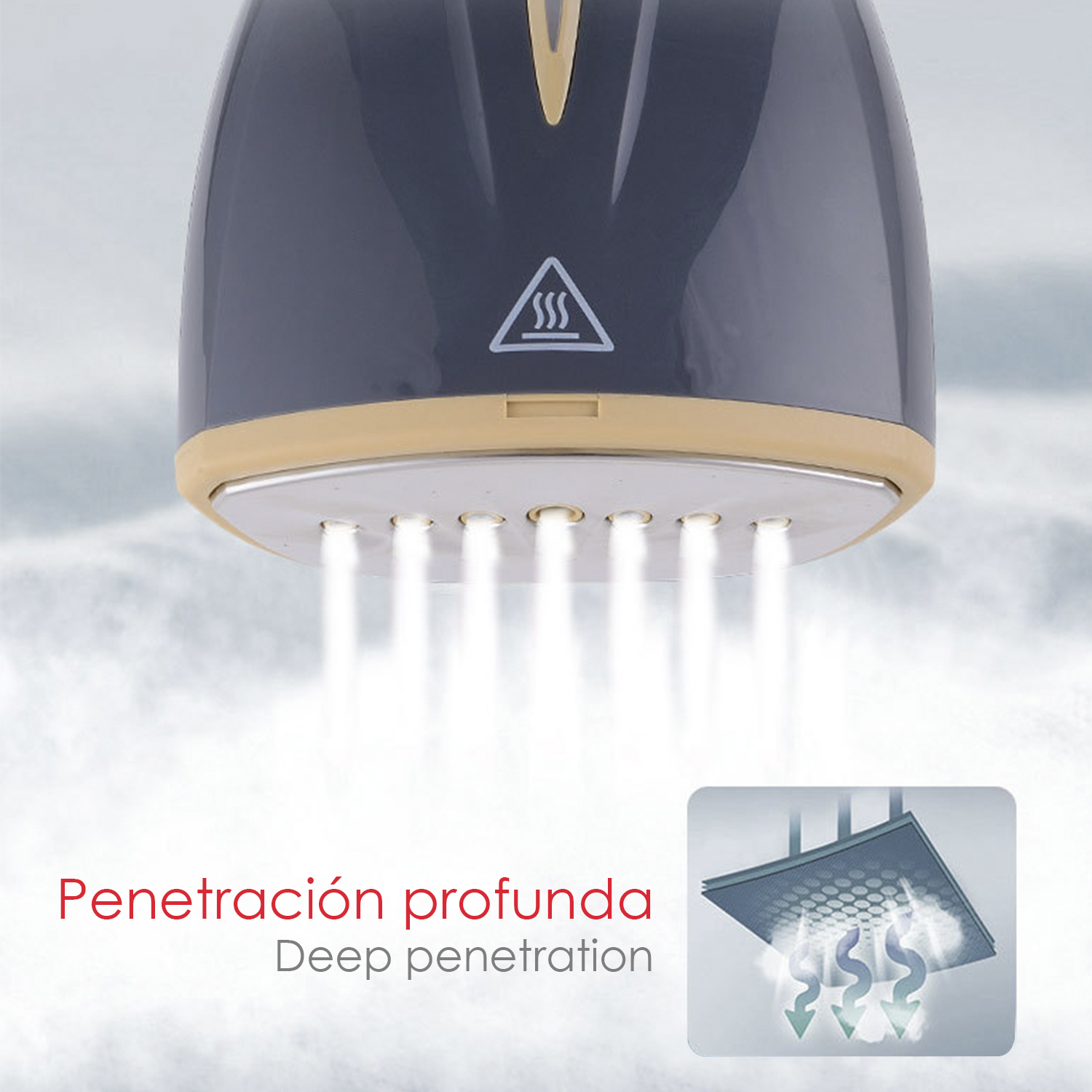 Ein Handdampfgerät, aus dem Dampf austritt. Text „Tiefe Penetration“ und eine grafische Illustration werden gezeigt.