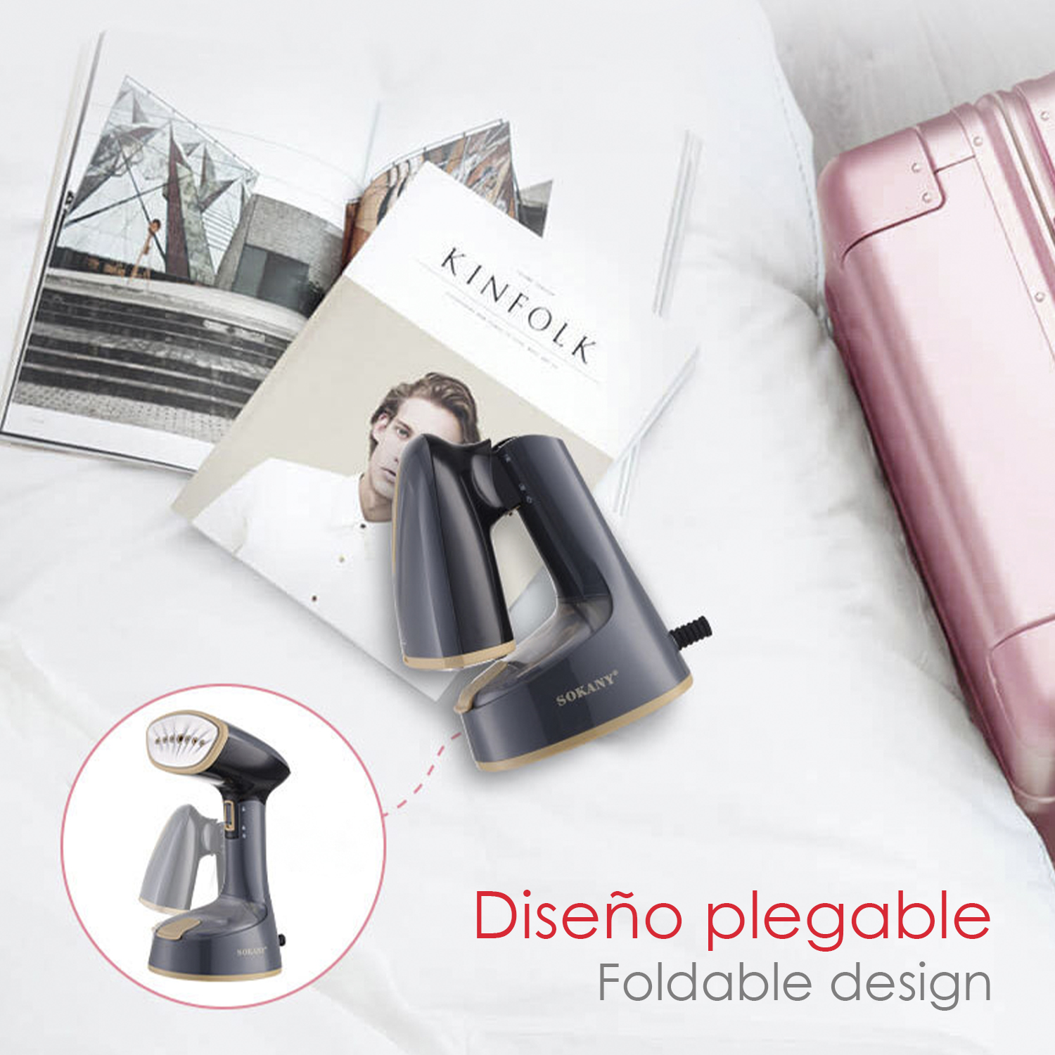 Ein tragbarer Kleidungsdampfer. Es gibt einen rosa Koffer, ein offenes Magazin mit einem Männergesicht und Text mit 'Faltbares Design'.