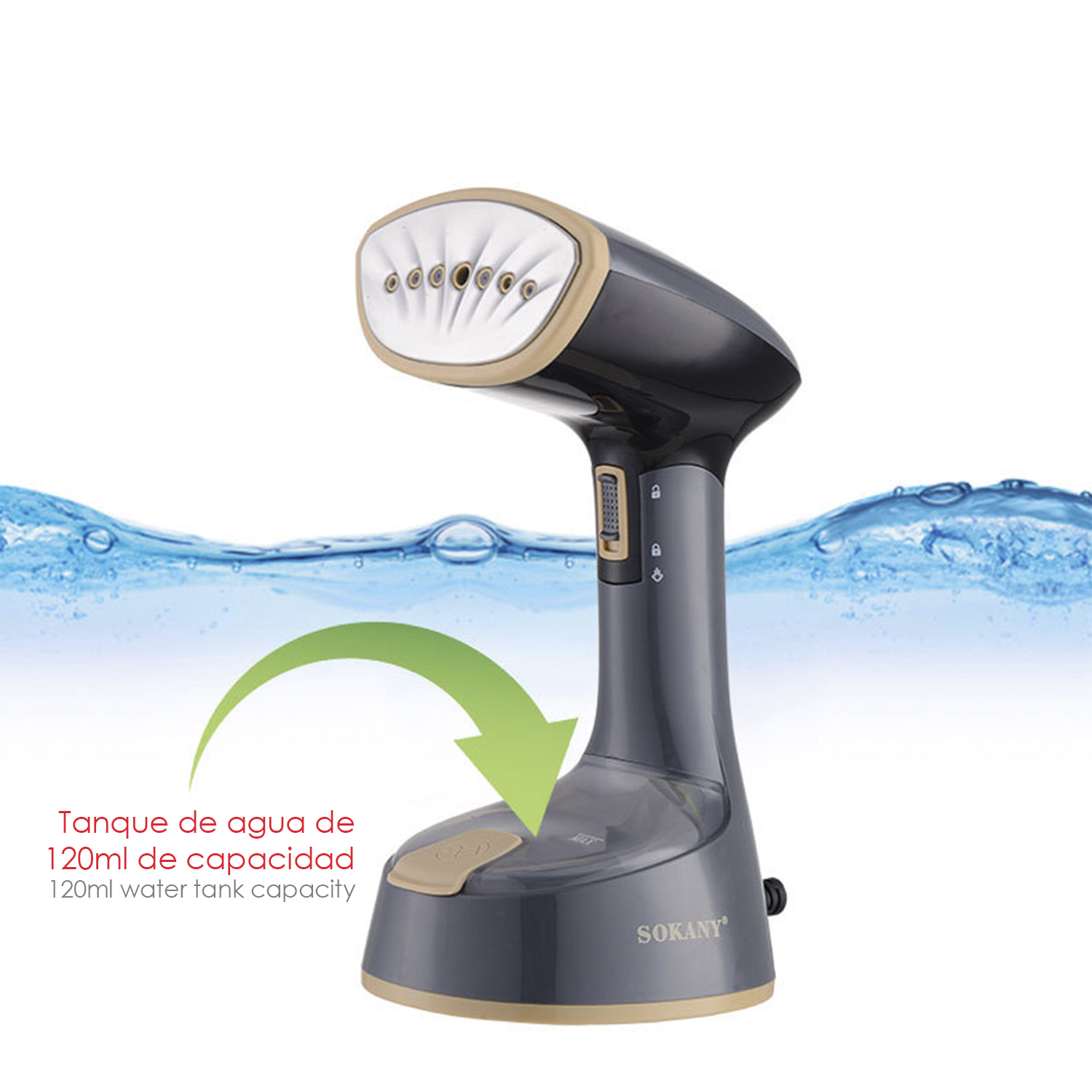 Ein Handdampfgerät. Grau- und Beigetöne.  Verfügt über einen Wassertank mit 120 ml Fassungsvermögen.  Der Hintergrund zeigt Wasser.