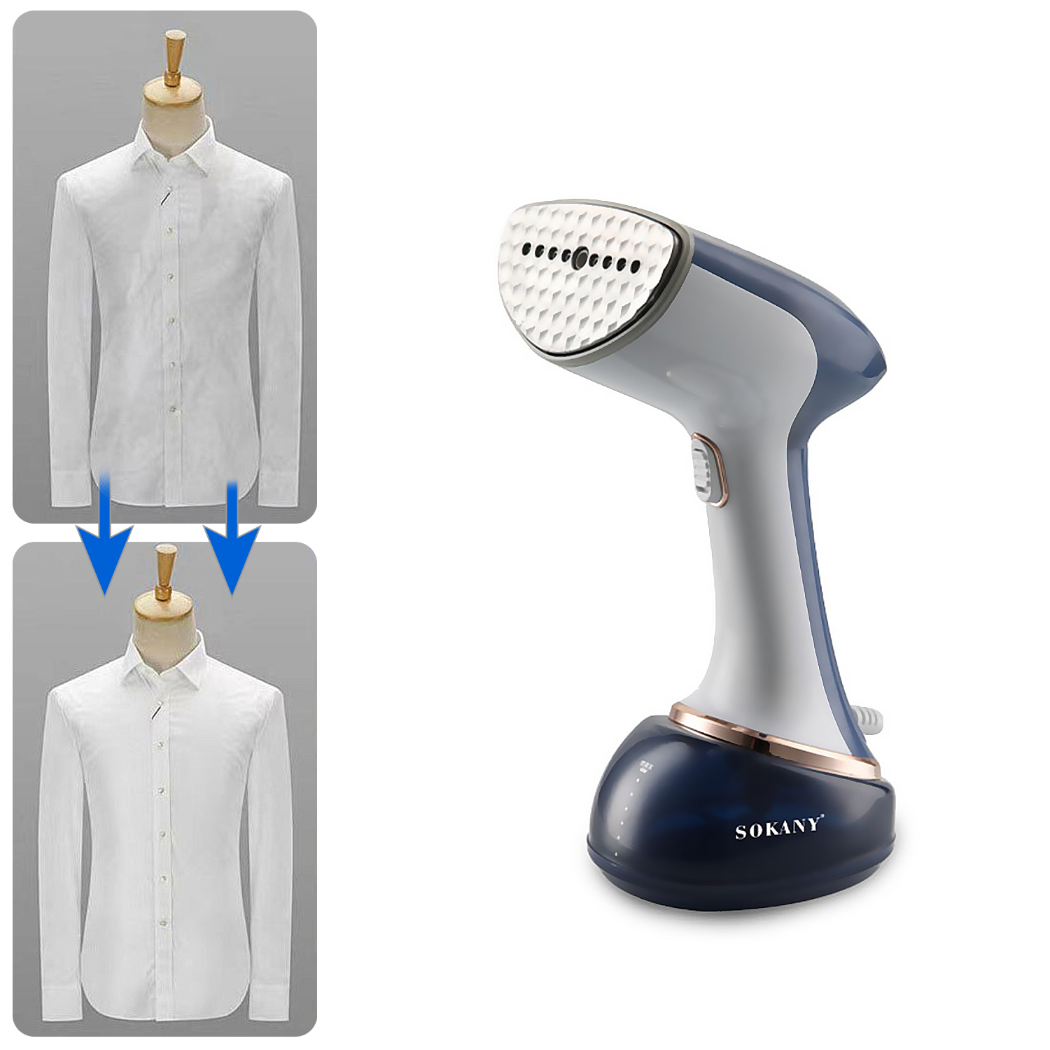 Una camisa blanca en un maniquí, con flechas que apuntan hacia abajo a una camisa similar. Una plancha de vapor manual a la derecha.