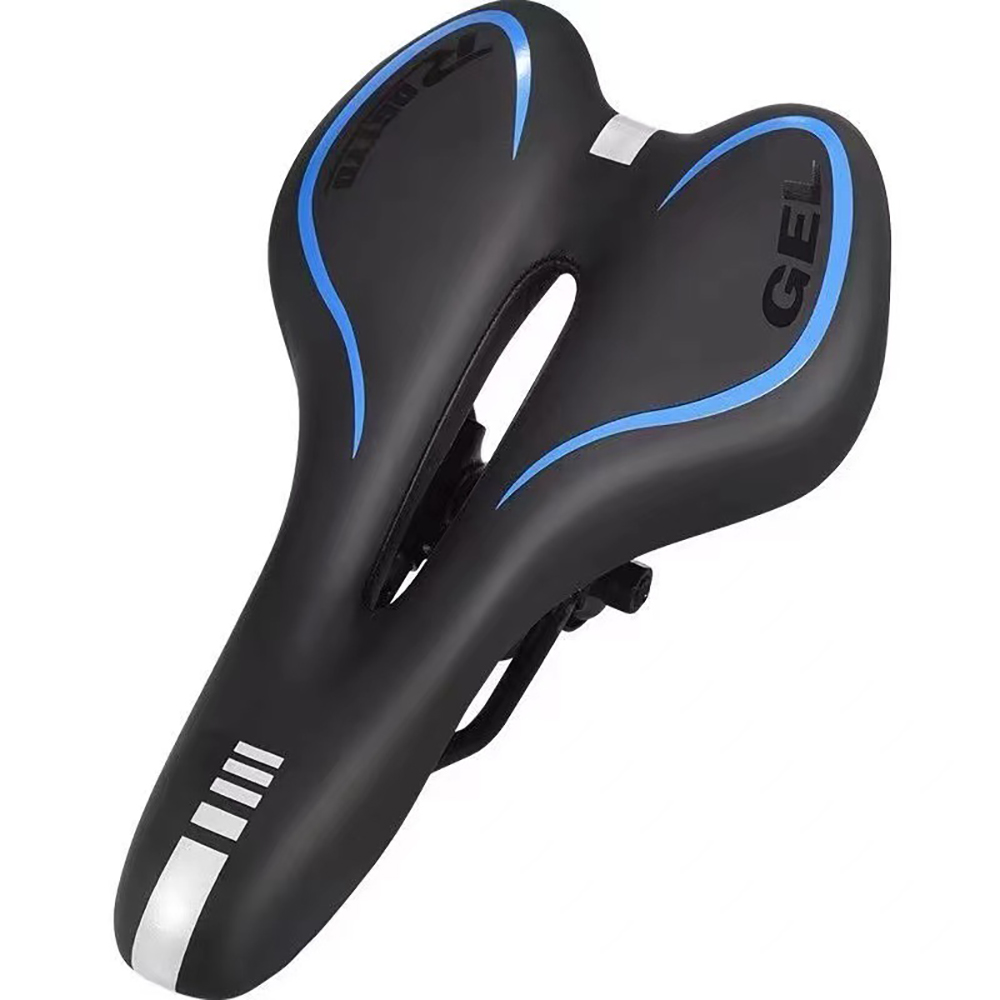 Schwarzer Fahrradsattel mit blauen Akzenten und dem Wort 'GEL'. Es hat ein geteiltes Design und weiße Streifen hinten.