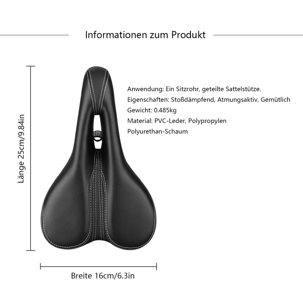 Schwarzer Fahrradsattel mit weißen Nähten, Abmessungen angegeben. Text beschreibt Eigenschaften, Materialien und Gewicht.