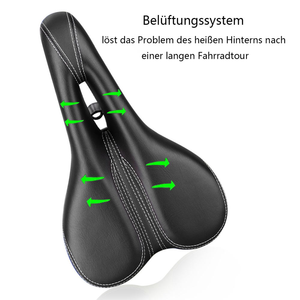 Schwarzer Fahrradsattel mit weißen Nähten und grünen Pfeilen, die den Luftstrom anzeigen. Text: Belüftungssystem.