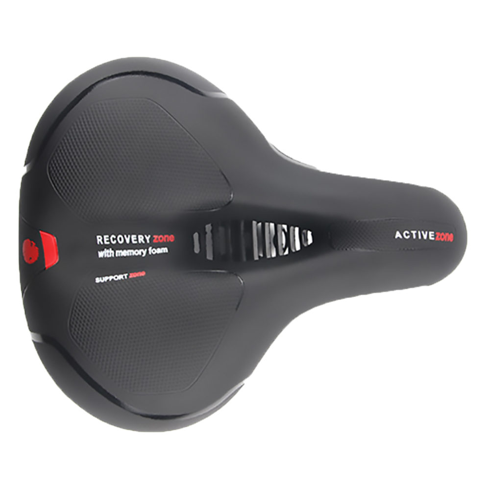 Ein schwarzer Fahrradsattel mit Memory-Schaum. Er hat die Aufschriften 'RECOVERY zone' und 'ACTIVE zone'. Rote Akzente sind sichtbar.