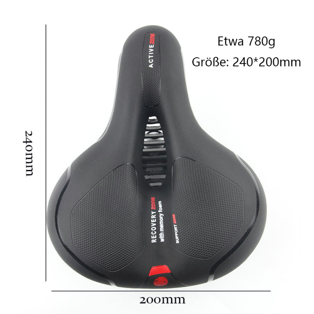 Schwarzer Fahrradsattel mit Memory-Schaum und roten Akzenten, beschriftet mit 'Recovery zone'. Abmessungen: 240x200mm.