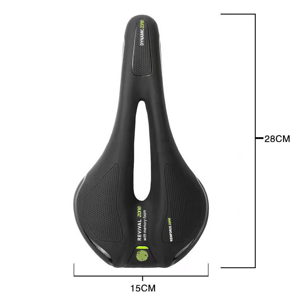 Ein schwarzer Fahrradsattel mit Memory-Schaum. Er hat die Wörter REVIVAL zone, DYNAMIC zone und REINFORCE zone. Maße sind 28cm x 15cm.