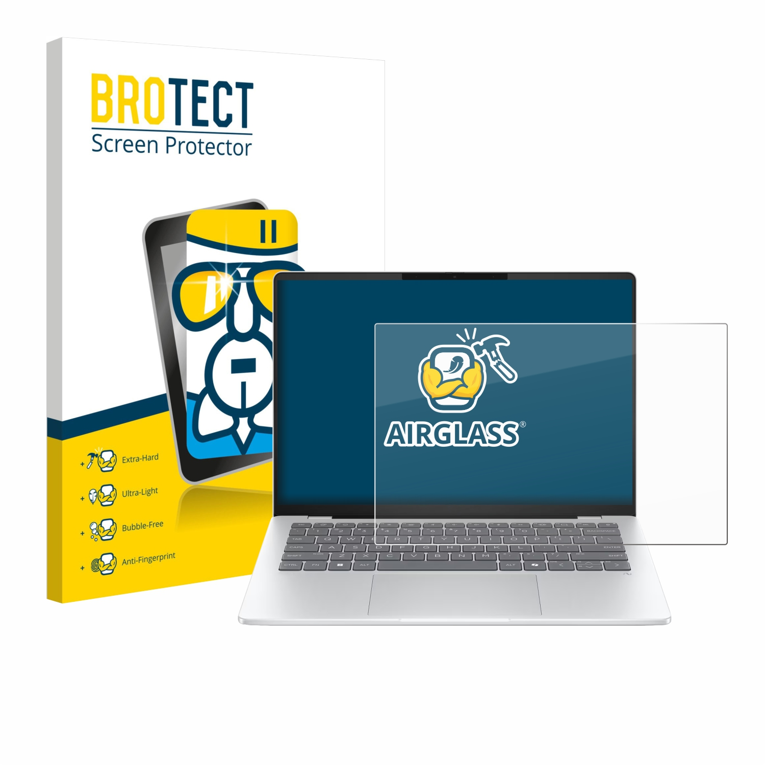 Ein Laptop mit Displayschutzfolie, eine Schachtel mit der Marke Brotect und das Airglass-Logo auf der Folie.