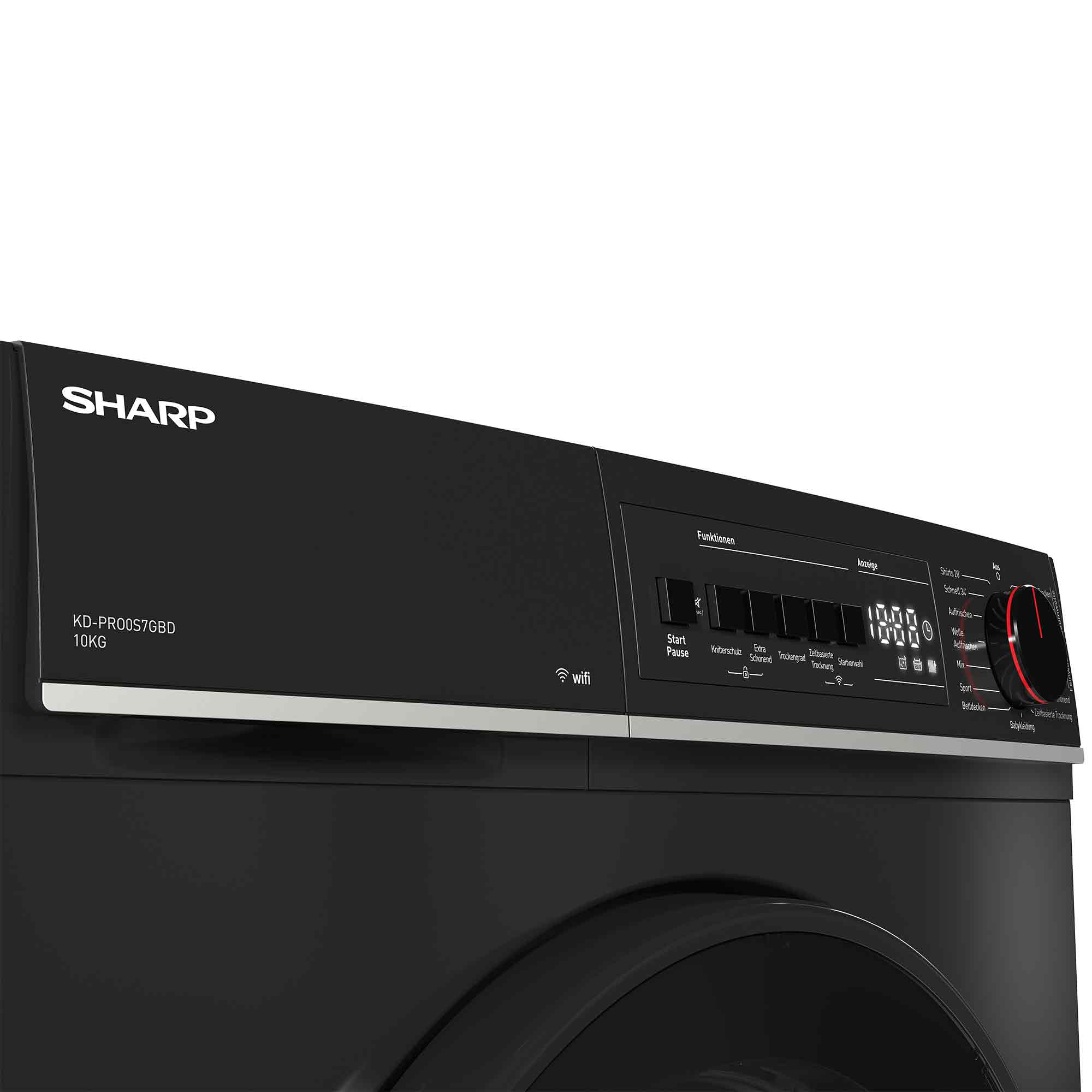Schwarze Sharp Waschmaschine mit Bedienfeld und Anzeige. Funktionen umfassen Start, Pause und verschiedene Waschzyklen.