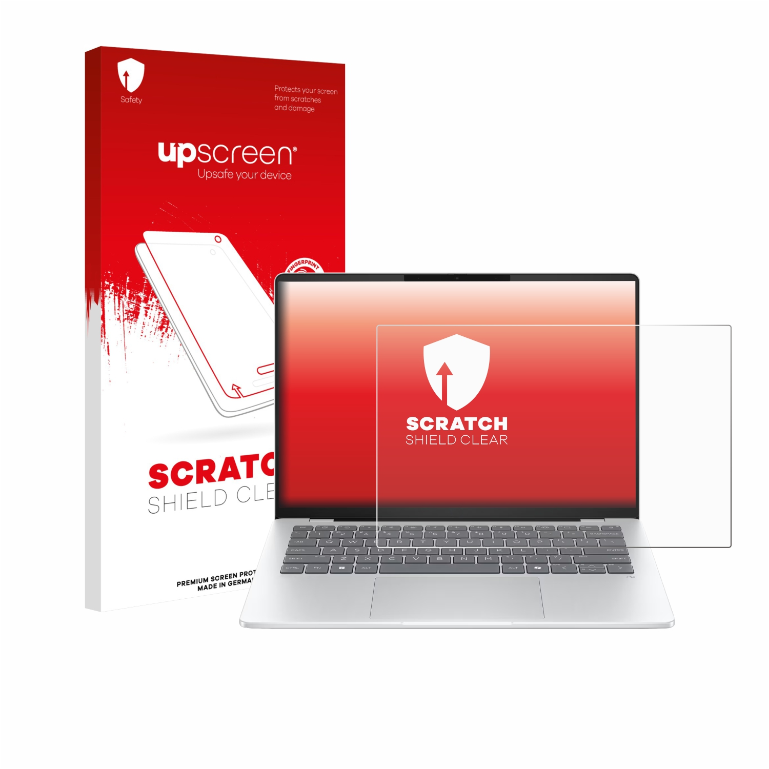 Laptop mit Displayschutz. Links eine Box mit 'upscreen'. Der Schutz befindet sich auf dem Bildschirm mit dem Text 'SCRATCH SHIELD CLEAR'.
