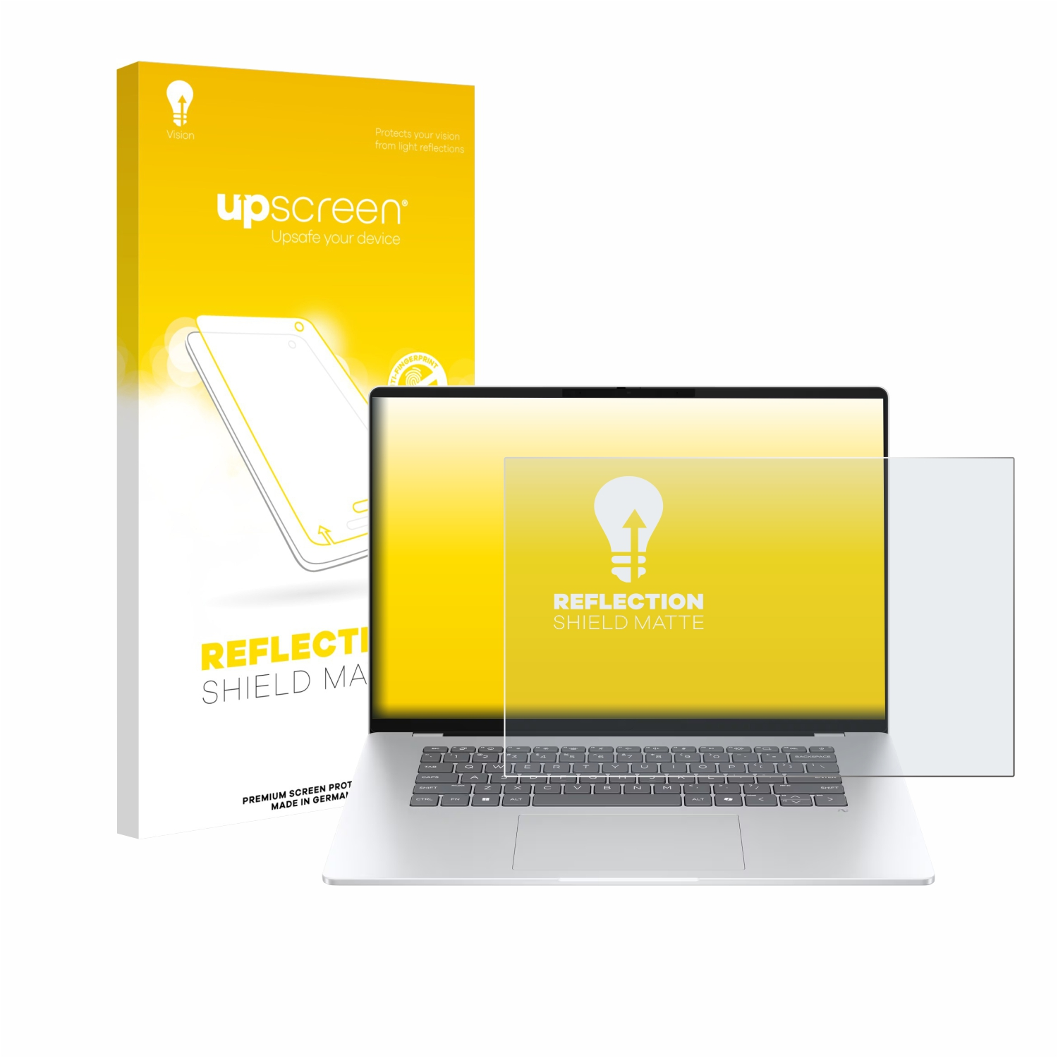 Laptop mit Displayschutzfolie. Box mit 'upscreen'-Logo. Das Etikett des Protektors lautet 'REFLECTION SHIELD MATTE'. Produkt schützt vor Lichtreflexionen.
