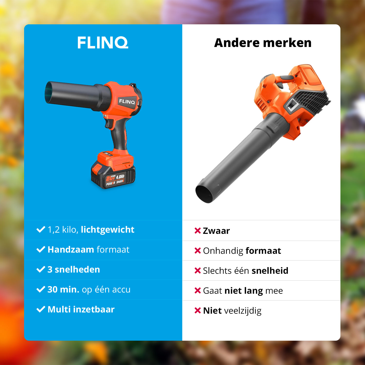 Image shows two leaf blowers side by side. One is orange and black, branded FLINQ, and another is orange with a black nozzle.
