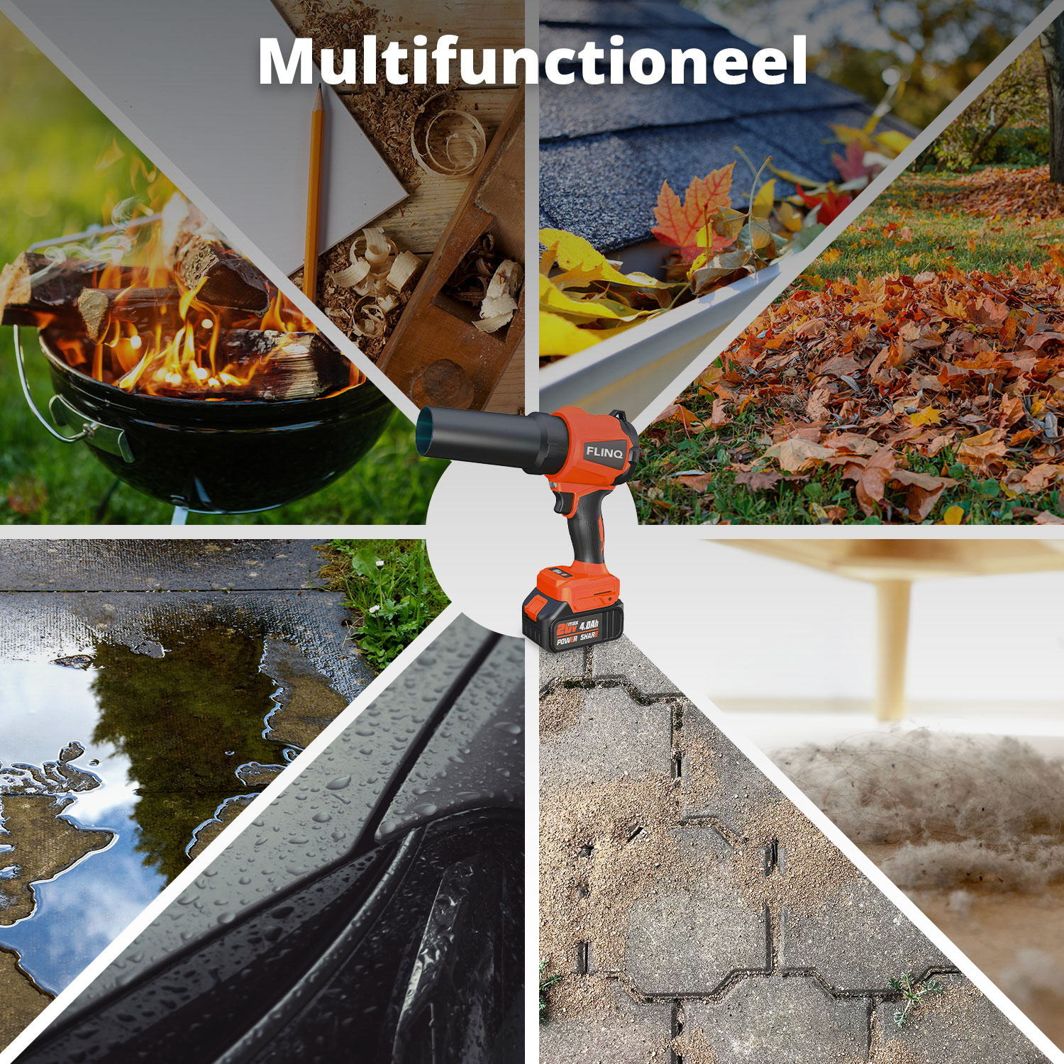 A collage showing a grill with fire, leaves in a gutter, a wet surface, a tool, a car, a table, a pile of dust and a pencil.