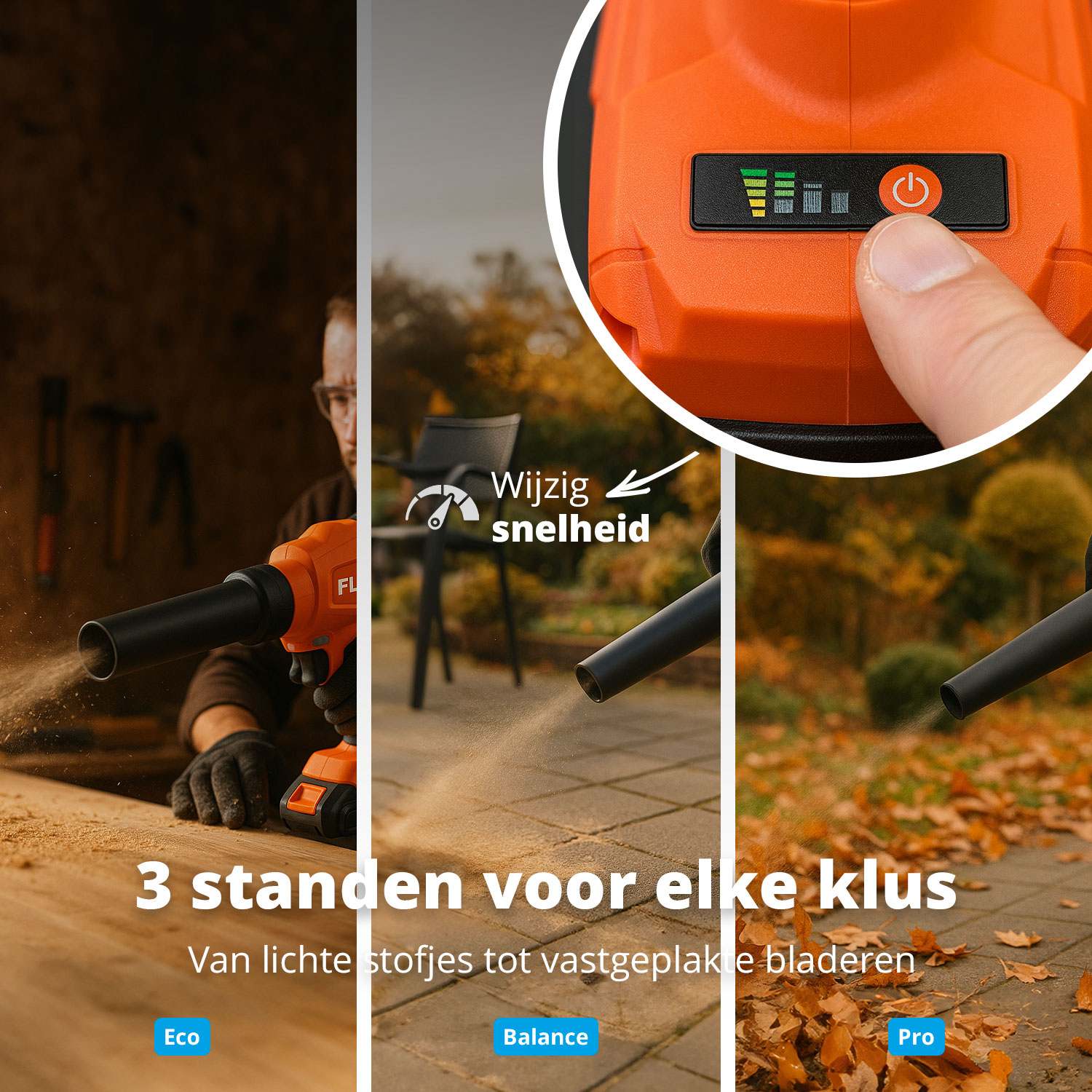 An orange leaf blower with three settings: Eco, Balance, and Pro. A hand presses the power button. Leaves and dust are blown.