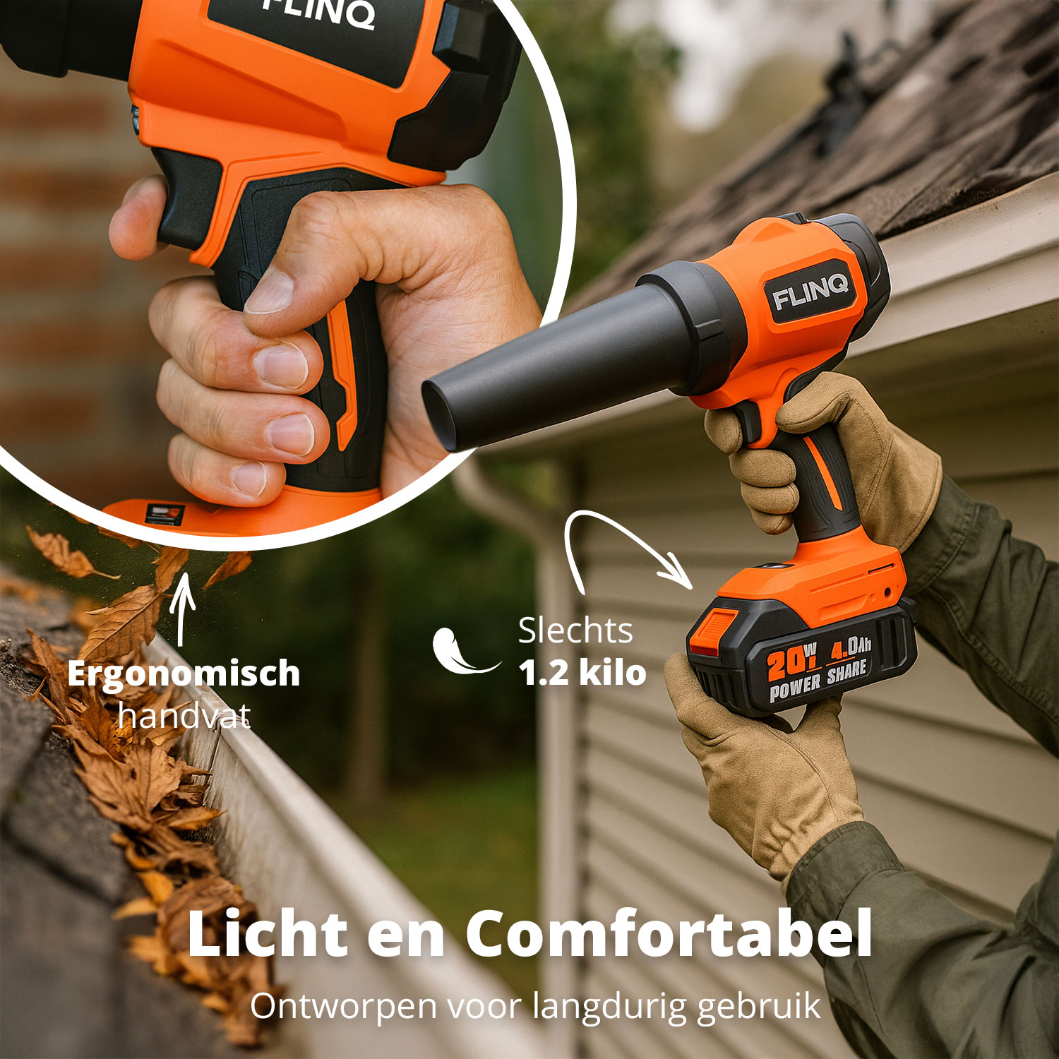 An orange and black FLINQ handheld blower being used outside. A close-up shows the ergonomic handle. Text says 'Light and Comfortable'.