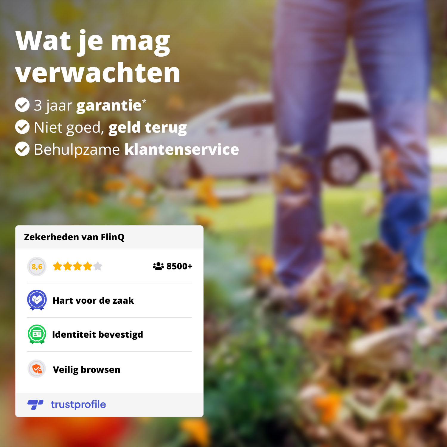 Image with text: 'What you can expect', warranty, money back, customer service. Also, details like 8.6 rating, 8500+ and trustprofile.