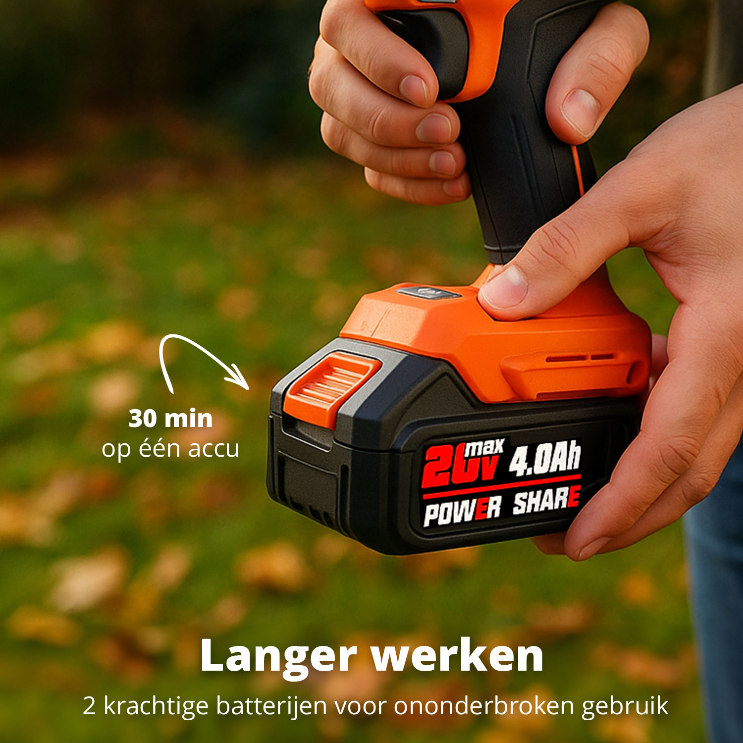 A person holds an orange and black power tool. Text on the tool reads '20V max 4.0Ah Power Share'. The background is blurred green and brown.