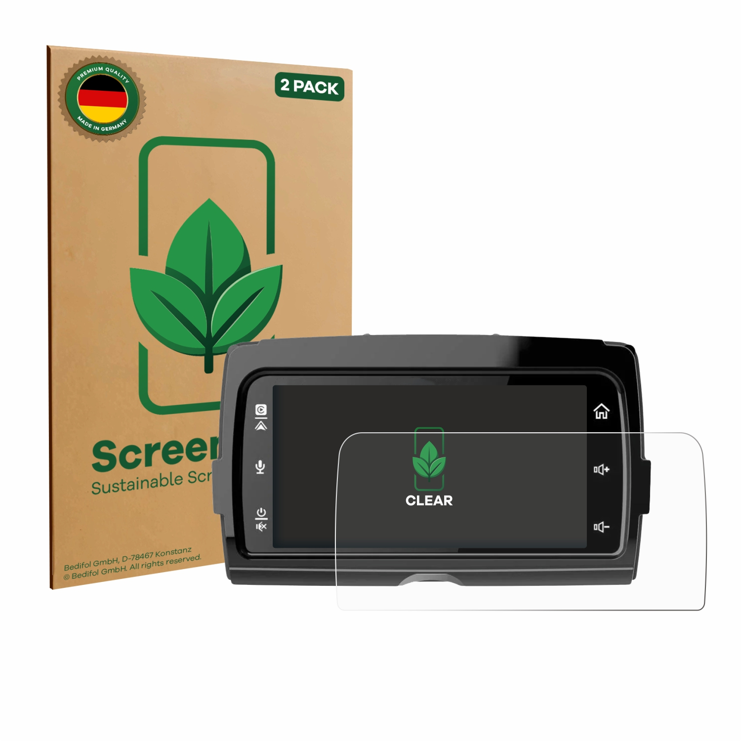 Ein Displayschutz und ein Bildschirm werden angezeigt. Die Box dahinter sagt '2 PACK'. Der Bildschirm hat einen 'CLEAR'-Schutz und ein grünes Blatt-Logo.