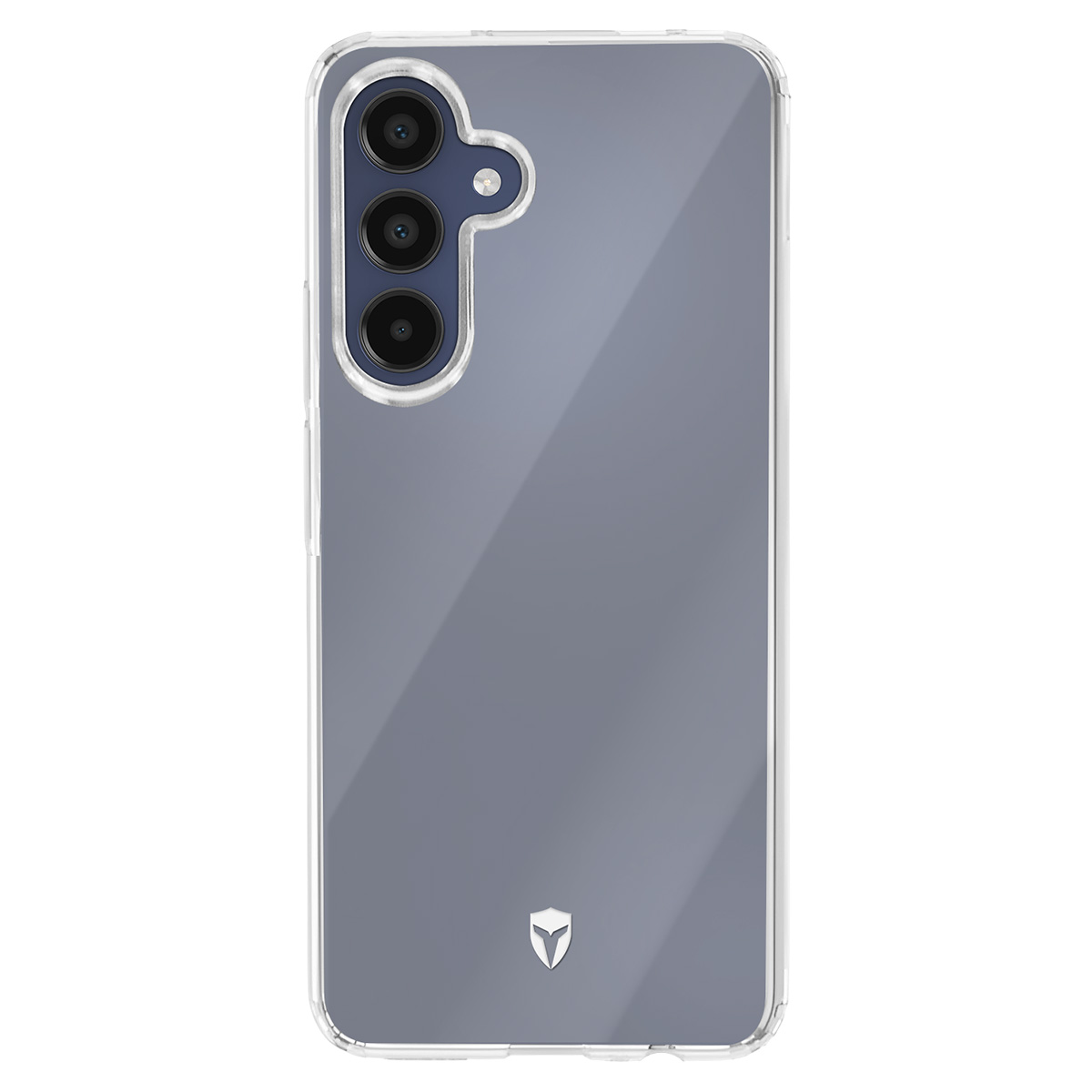 Una custodia trasparente per telefono, che mostra il retro di un telefono. La custodia ha un ritaglio per la fotocamera con tre lenti e un logo in basso.