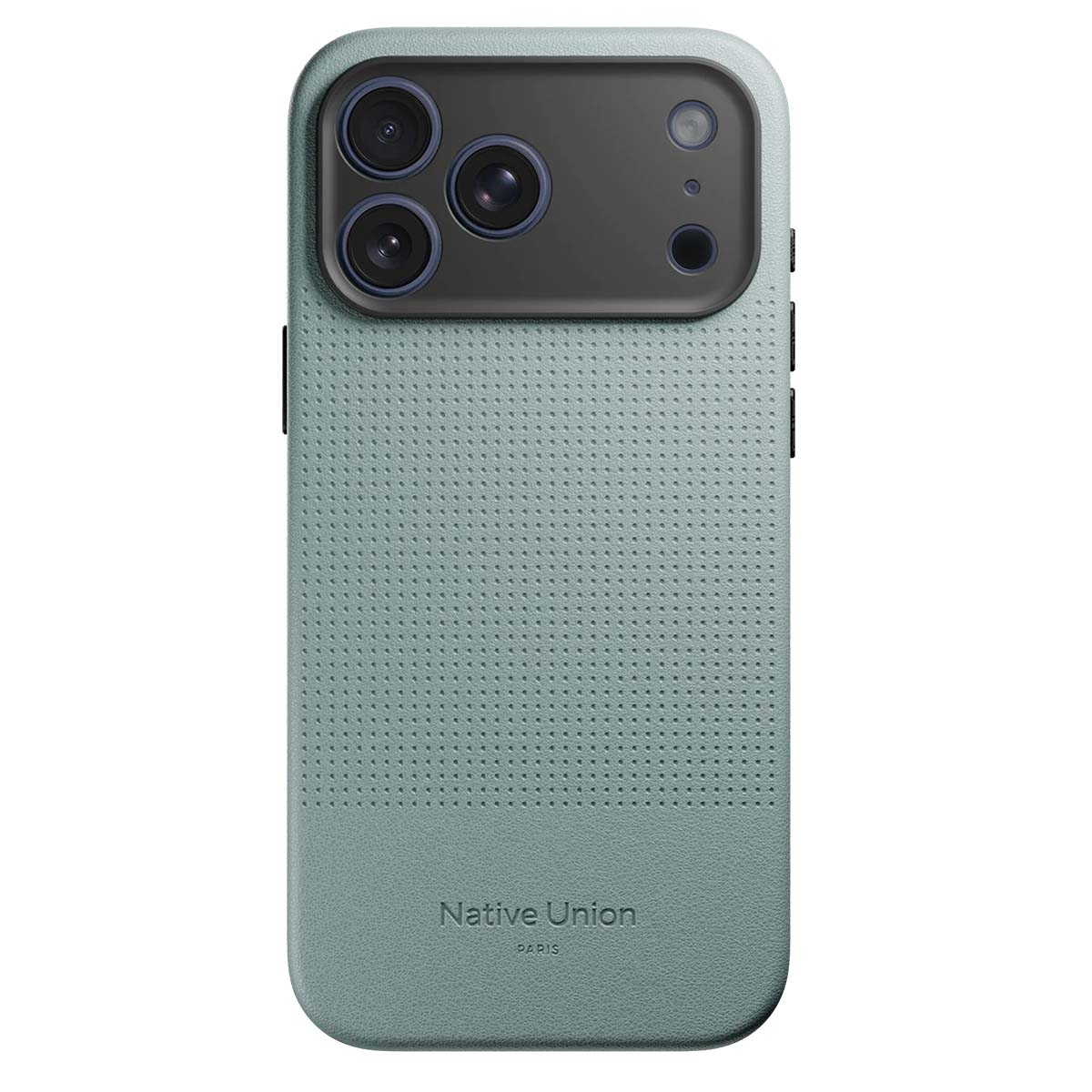 Una custodia per telefono verde menta con modulo fotocamera. La custodia ha una trama a pois ed è visibile il marchio 'Native Union'.