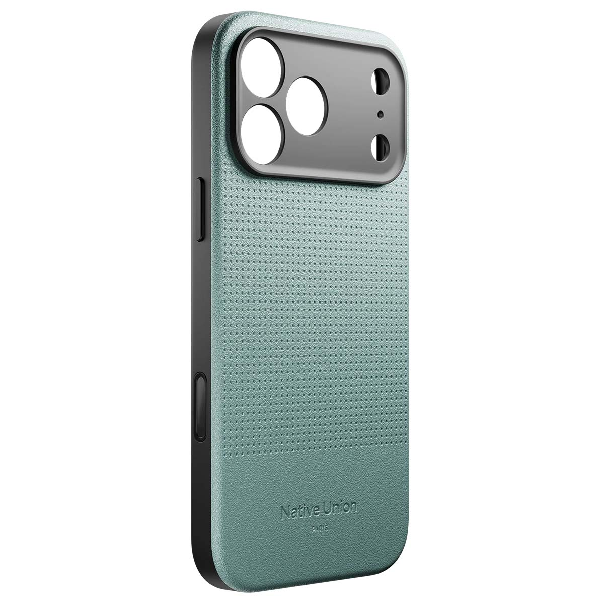 Una custodia per telefono verde acqua con cornice nera. Ha ritagli per la fotocamera e il logo Native Union in basso.
