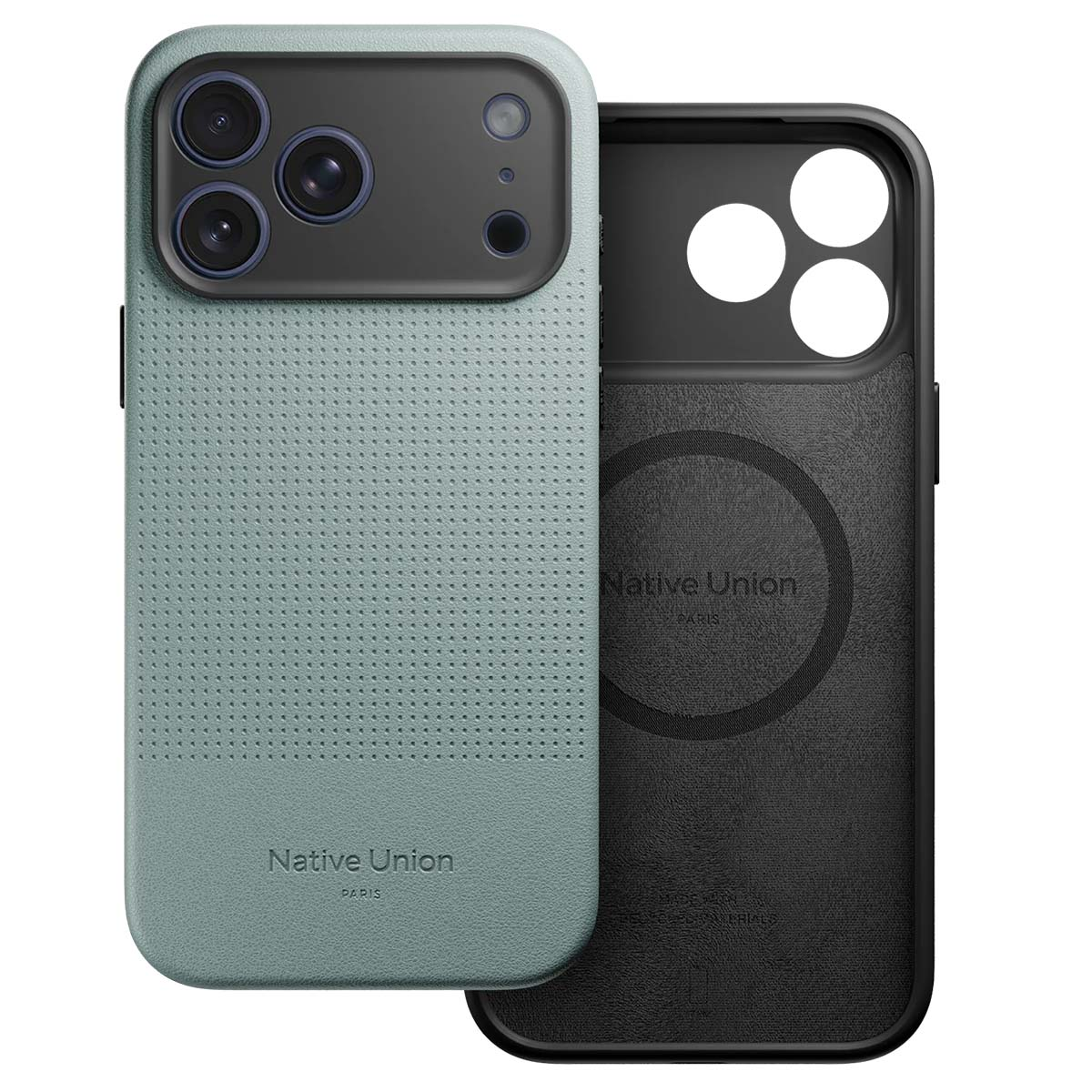Due custodie per telefoni. Una è verde con zona fotocamera nera. L'altra è nera all'interno. Entrambe hanno il logo Native Union.