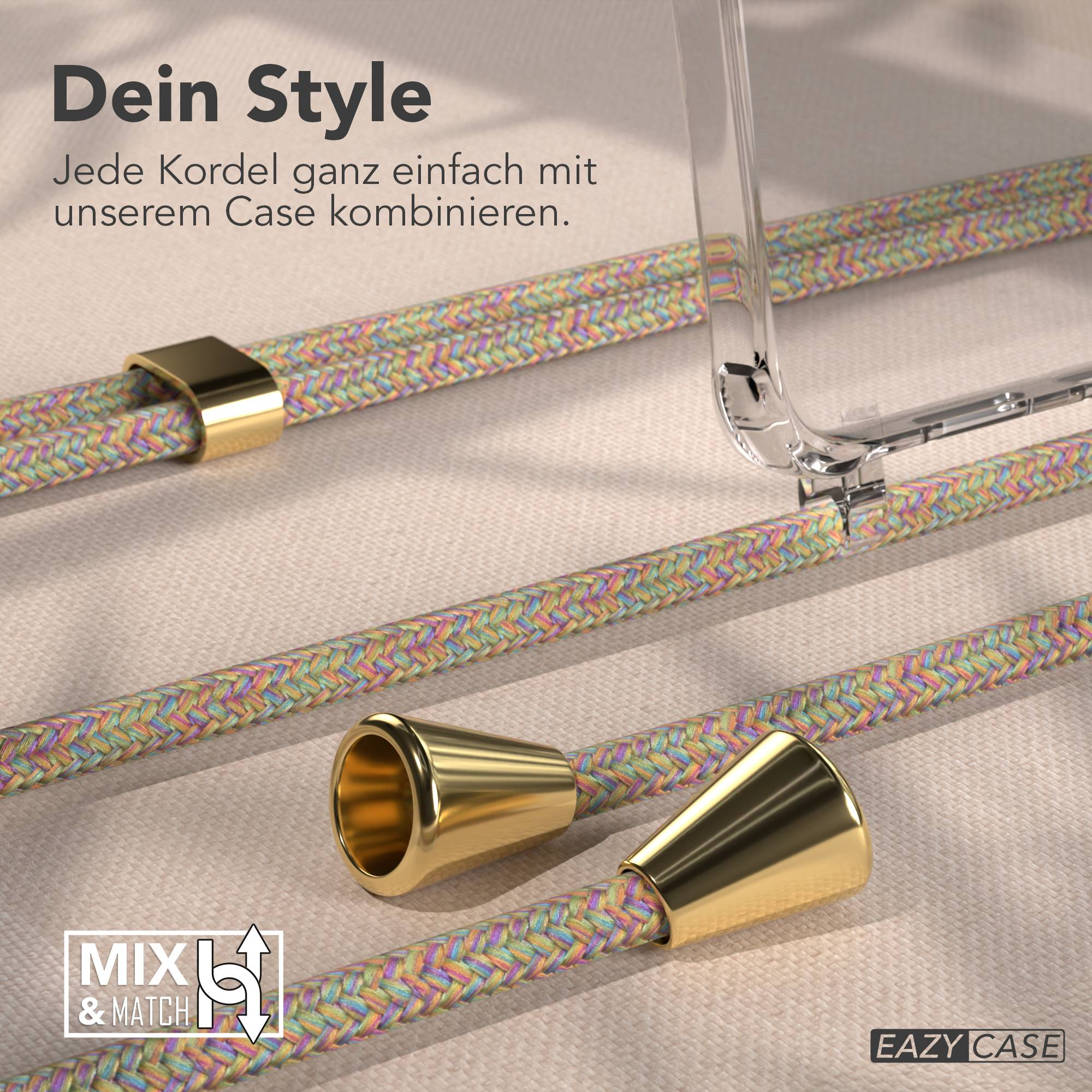 Das Bild zeigt mehrfarbige Kordeln mit goldenen Akzenten, eine transparente Handyhülle und Text zur Stilindividualisierung.