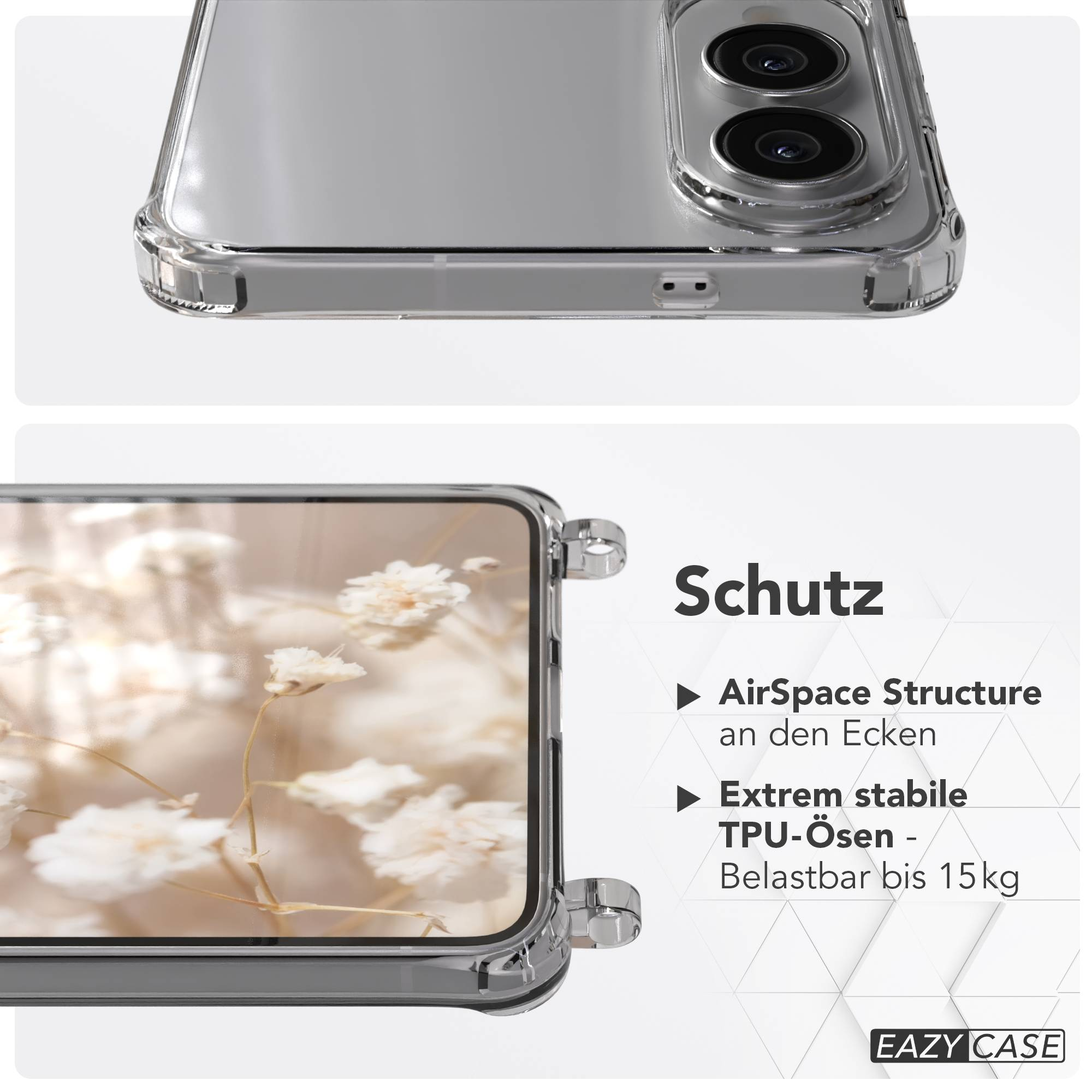 Transparente Handyhülle mit floralem Hintergrund. Merkmale sind AirSpace-Struktur und TPU-Ösen. Die Hülle ist von EAZY CASE.