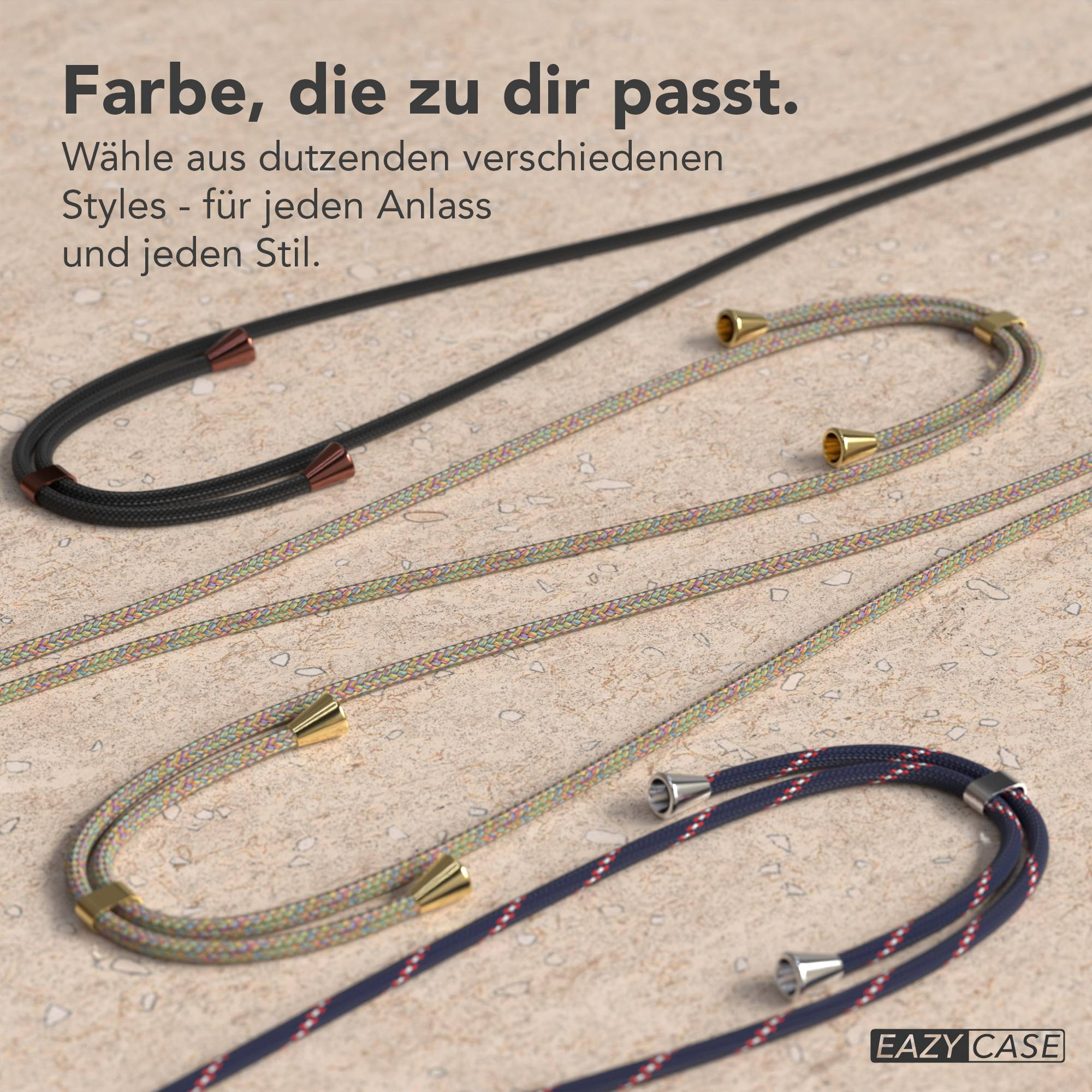 Das Bild zeigt Handystraps in Schwarz, Mehrfarbig und Marineblau. Der Text lautet: 'Farbe, die zu dir passt'.