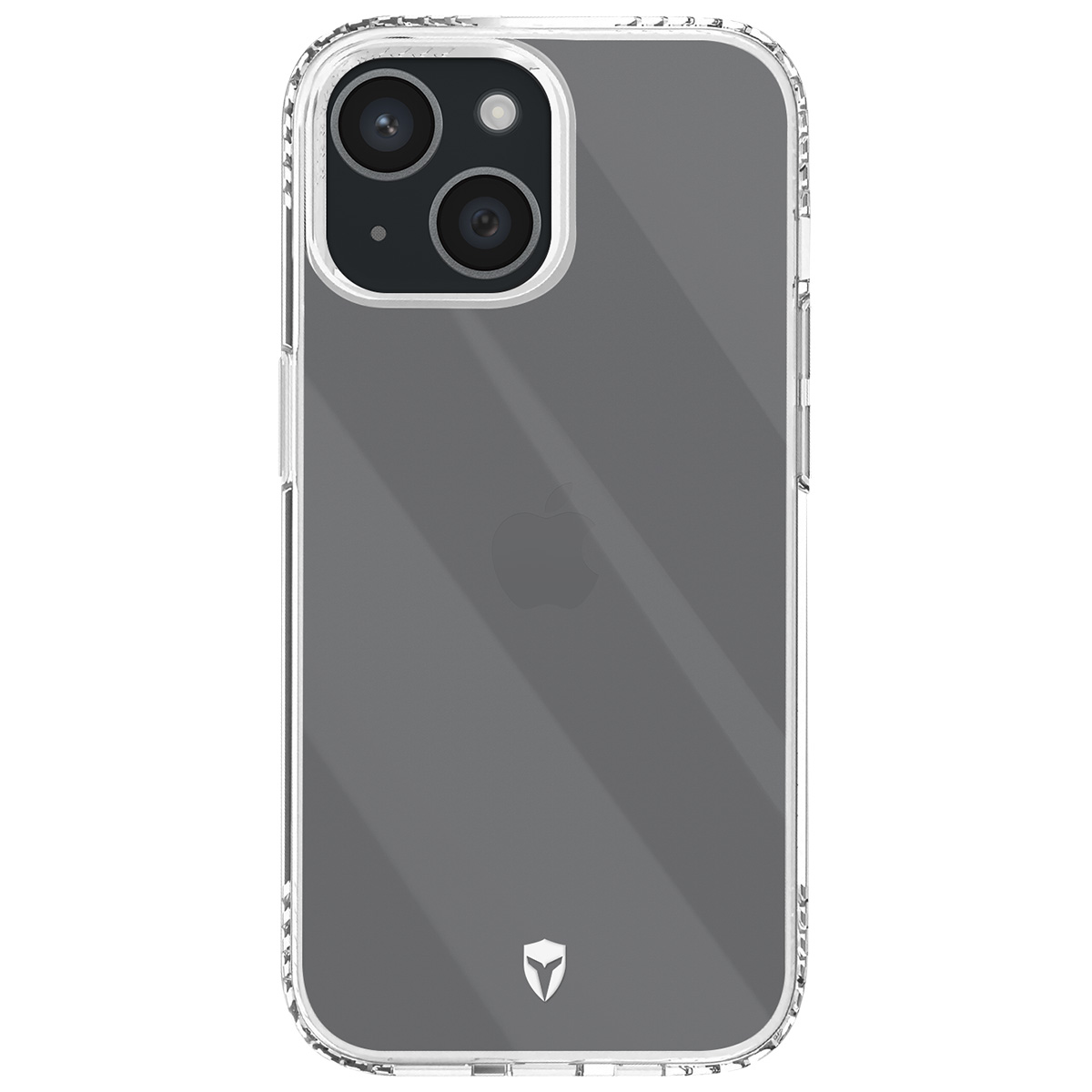 Custodia trasparente per iPhone con doppie lenti della fotocamera, logo Apple e un logo in basso. La custodia ha un paraurti trasparente.