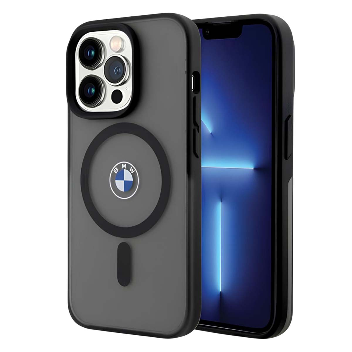 Un iPhone in una custodia BMW nera e grigia. La custodia ha un logo BMW e un anello magnetico nero.
