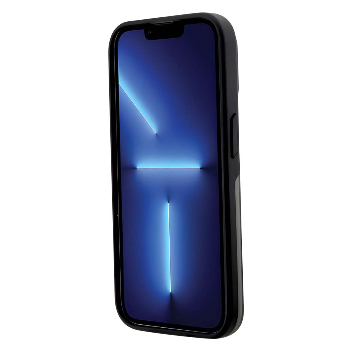 Uno smartphone nero in una custodia protettiva. Lo schermo mostra una sfumatura blu con linee bianche, suggerendo un design moderno.