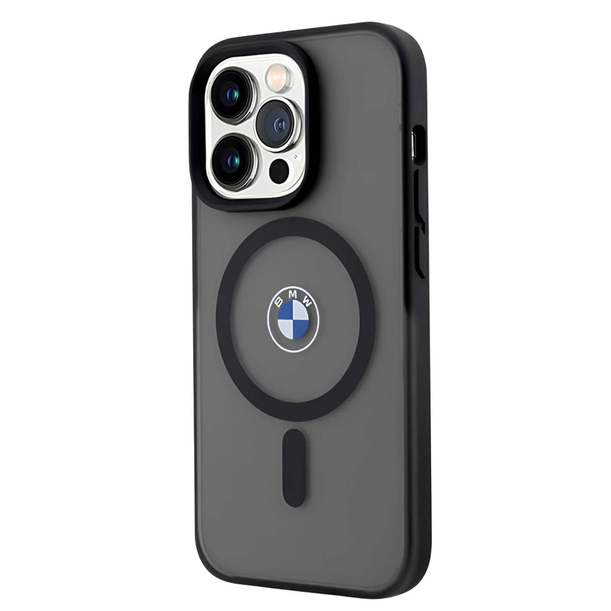 Una custodia per telefono con logo BMW. La custodia è nera con retro grigio e contorno nero. Il logo BMW è al centro.