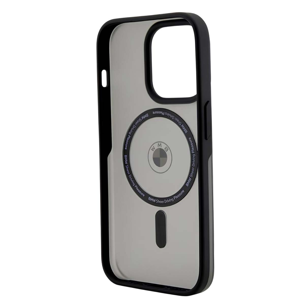Una custodia trasparente per iPhone con bordo nero. Presenta un logo BMW e la scritta 'BMW Sheer Driving Pleasure'.