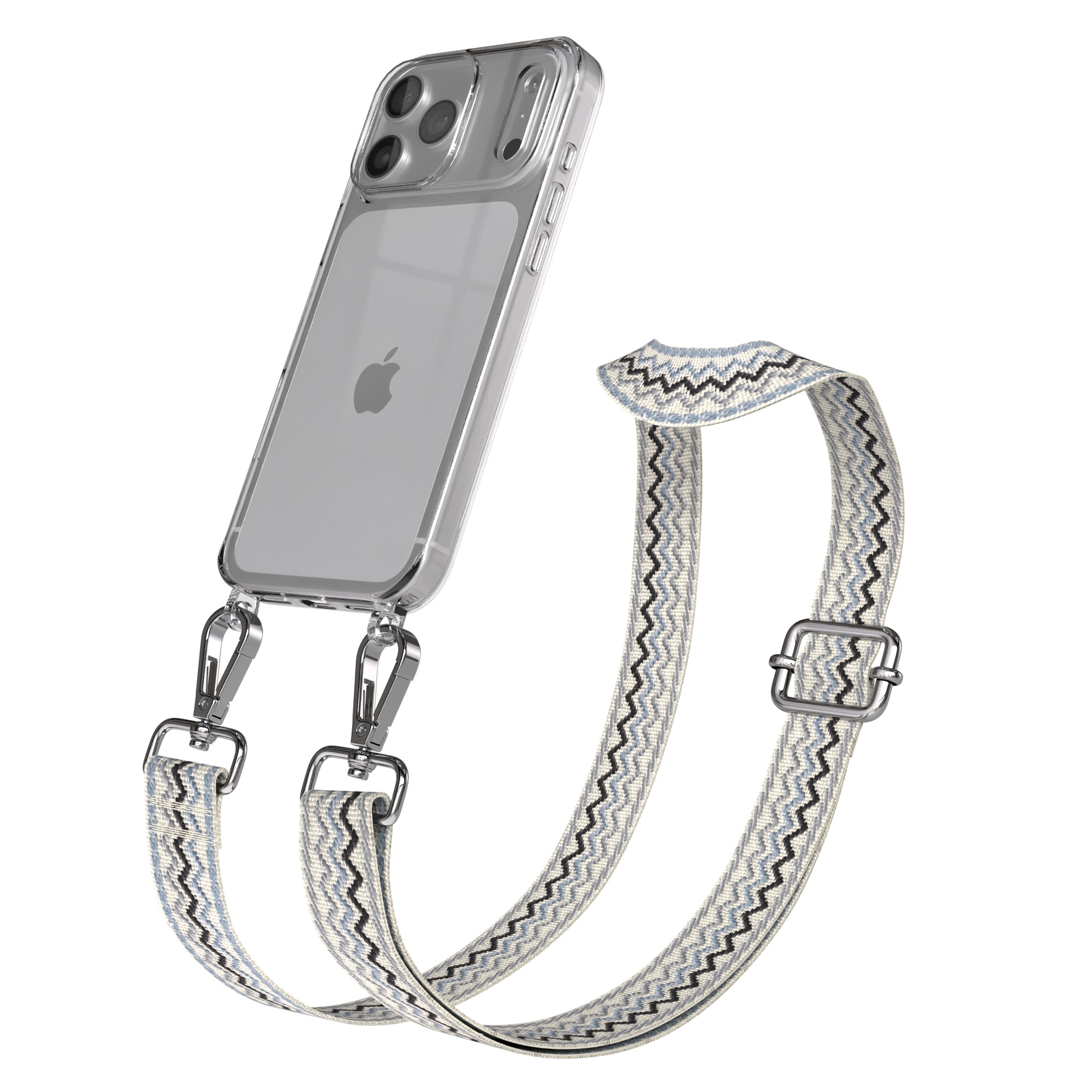 Ein klares iPhone-Case mit einem gemusterten Riemen, der blaue, schwarze und beige Zickzackmuster und silberne Hardware aufweist.