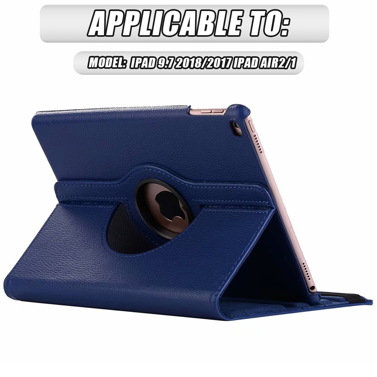 Blaue Tablet-Hülle mit einem iPad. Die Hülle ist geöffnet und zeigt den Bildschirm. Sie ist abgewinkelt.