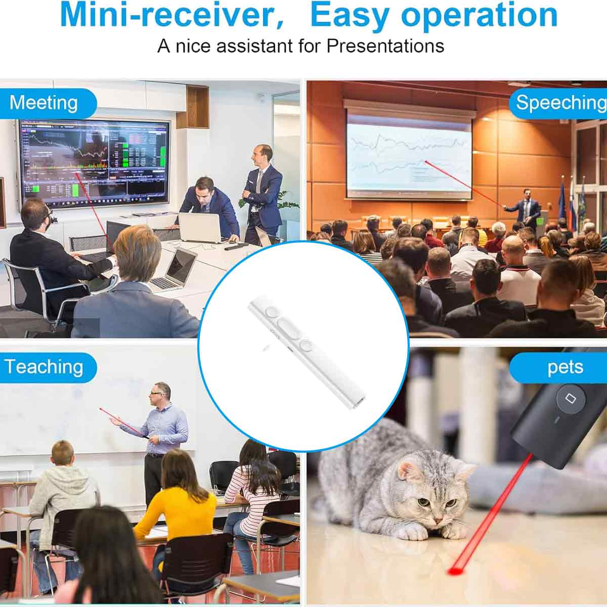 Das Bild zeigt Szenen: ein Treffen, eine Rede, Unterricht und eine Katze mit Laserpointer. Ein Mini-Receiver ist in der Mitte.