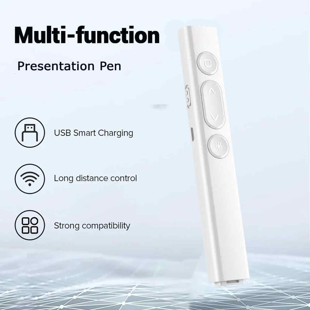 Ein weißer Präsentationsstift mit Knöpfen, der Text lautet: Multi-Funktion, Präsentationsstift, USB-Laden, Fernbedienung, starke Kompatibilität.