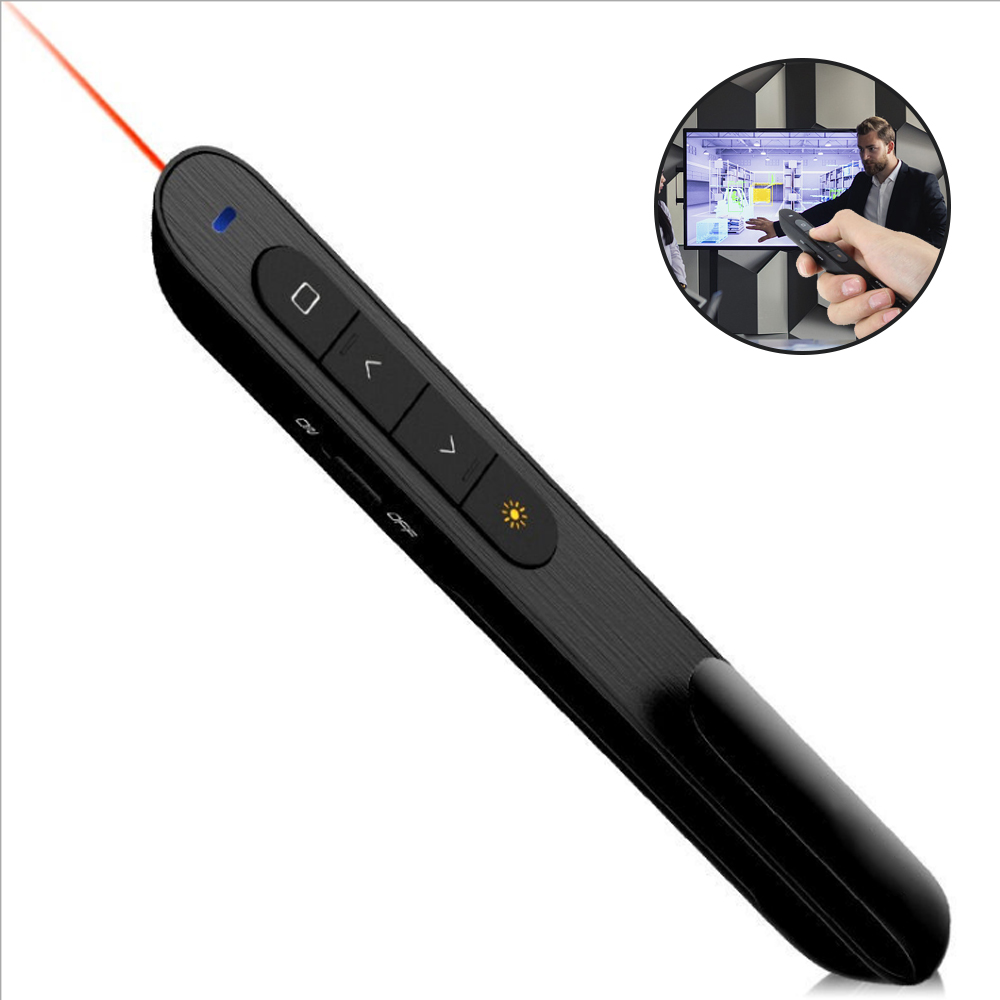 Eine schwarze Präsentationsfernbedienung mit rotem Laserpointer. Ein kleiner Ausschnitt zeigt einen Mann, der die Fernbedienung benutzt.
