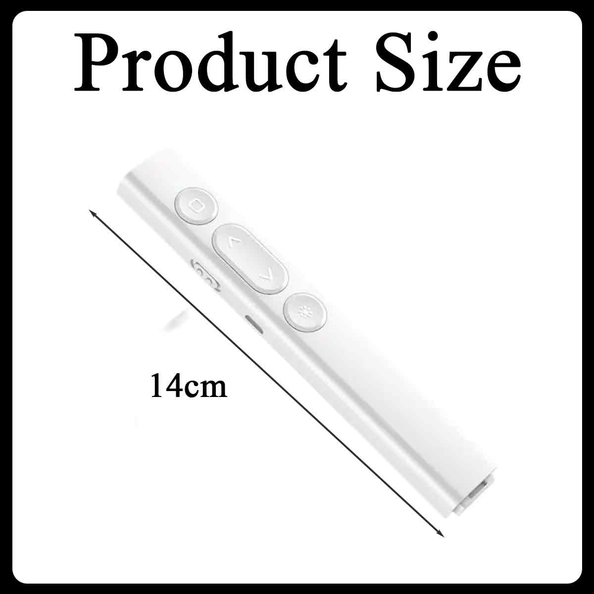 Eine weiße Präsentationsfernbedienung wird mit einem Maß von 14 cm gezeigt. Der Text 'Produktgröße' steht darüber.