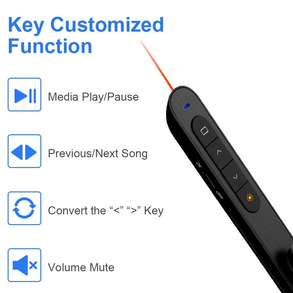 Eine schwarze Präsentationsfernbedienung mit Laserpointer, mit Funktionstasten für Medien, Songnavigation und Lautstärkeregelung.