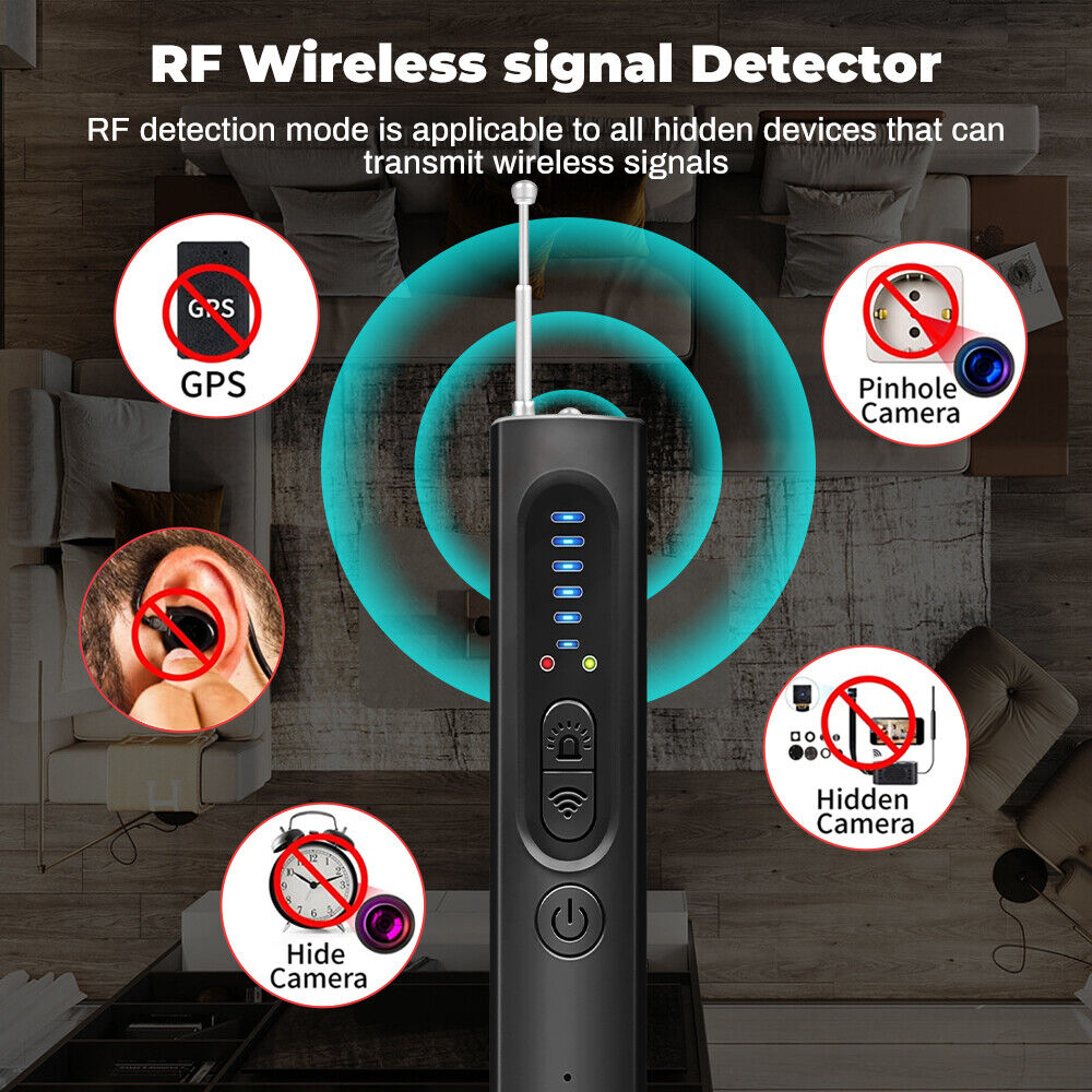 Ein schwarzer RF-Signaldetektor mit Antenne. Umgeben von Symbolen für versteckte Kameras, GPS und andere Abhörgeräte.