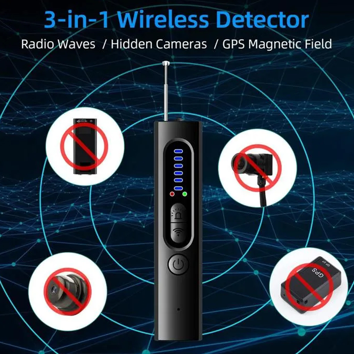 Ein schwarzer 3-in-1-Funkdetektor mit Anzeigen. Das Bild zeigt einen Detektor und Symbole für versteckte Kameras, Funkwellen und GPS.