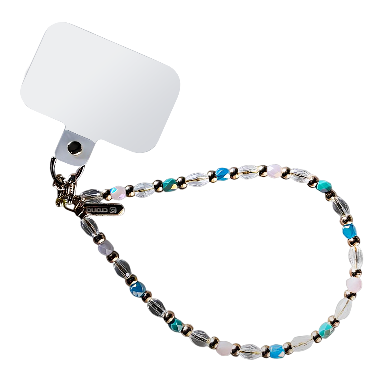 Un ciondolo per telefono con un supporto rettangolare trasparente e un cinturino di perline. Le perline sono trasparenti, blu, verdi e rosa con dettagli dorati.