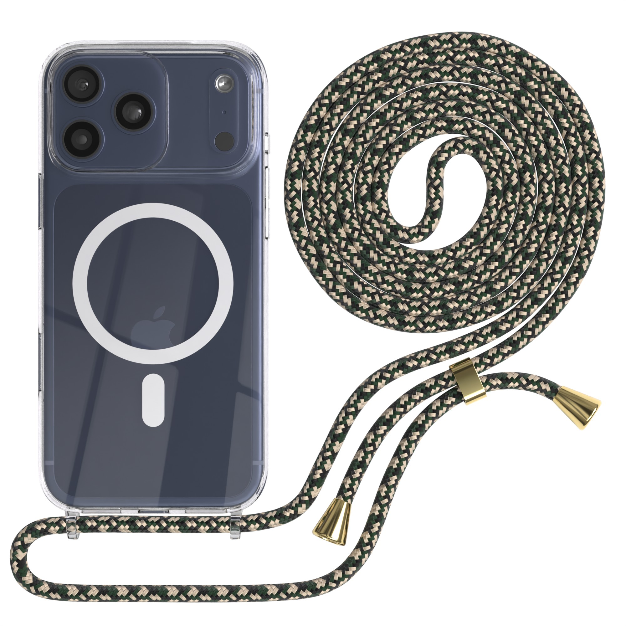 Ein iPhone in einer transparenten Hülle mit einem grün, schwarz und beige gemusterten Lanyard. Das Lanyard hat goldfarbene Metallenden.