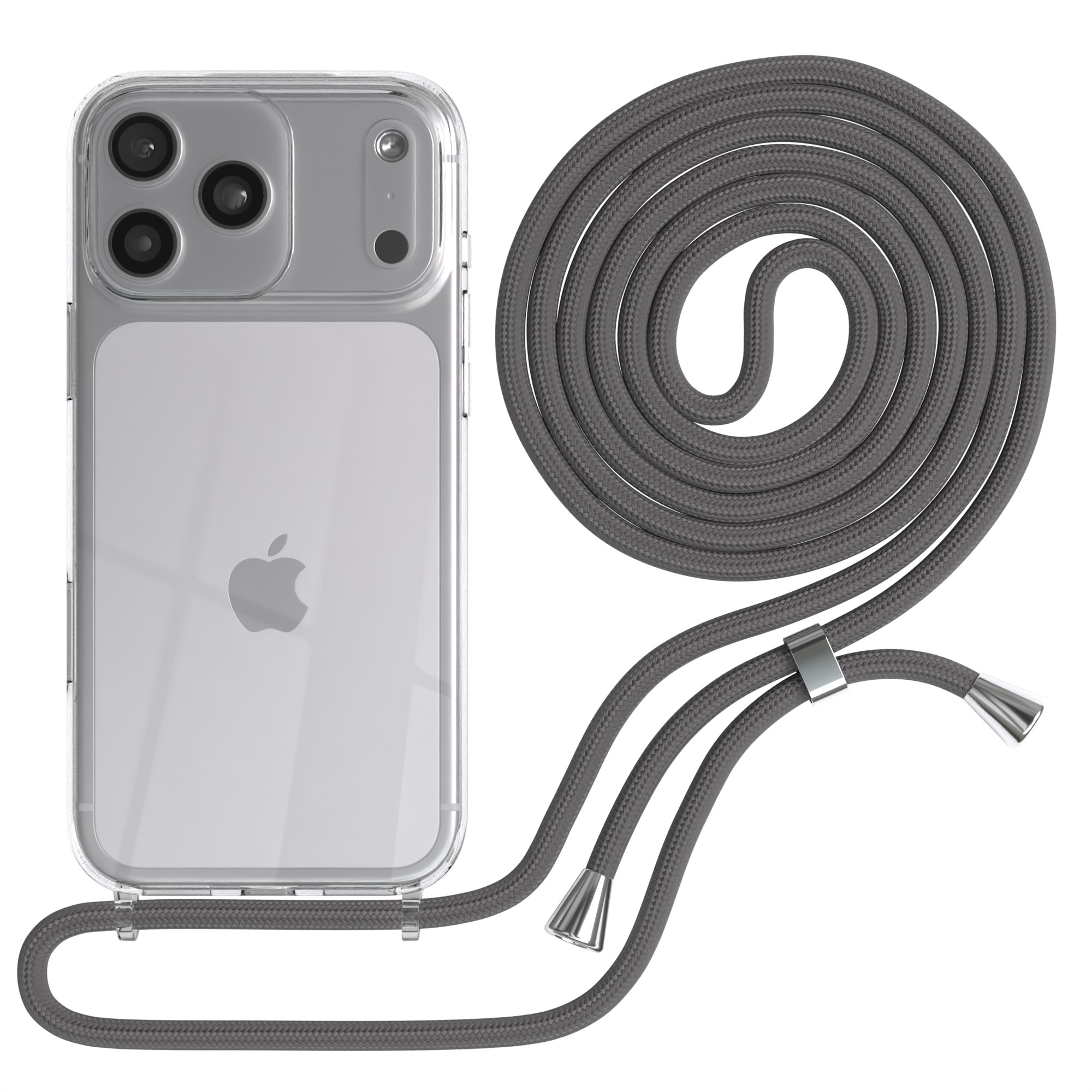 Transparente Handyhülle mit grauem Umhängeband. Das Telefon hat drei Kameras. Das Band ist geflochten und metallisch.