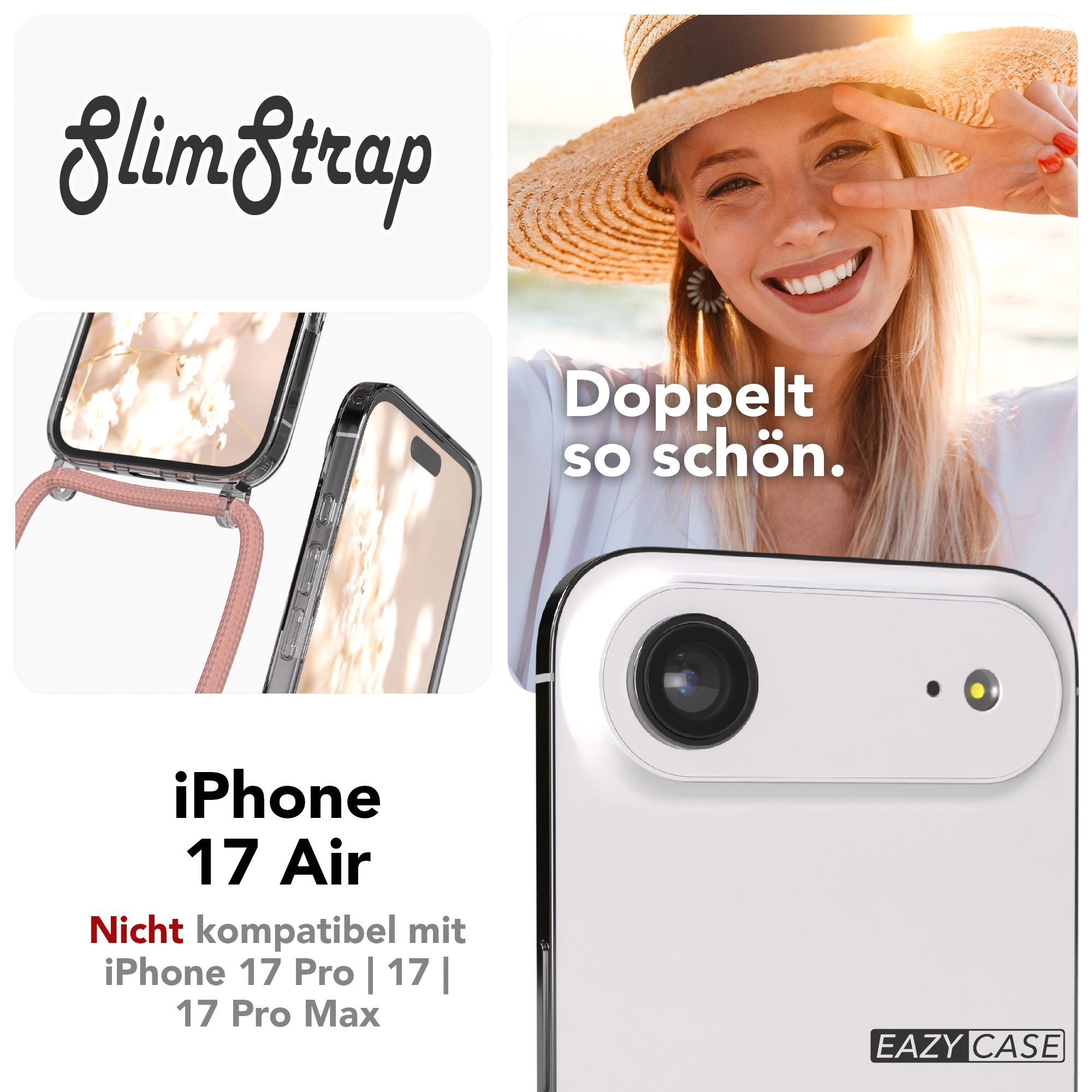 Das Bild zeigt eine Frau mit Friedenszeichen, eine Handyhülle und Text mit der Aufschrift 'iPhone 17 Air'.